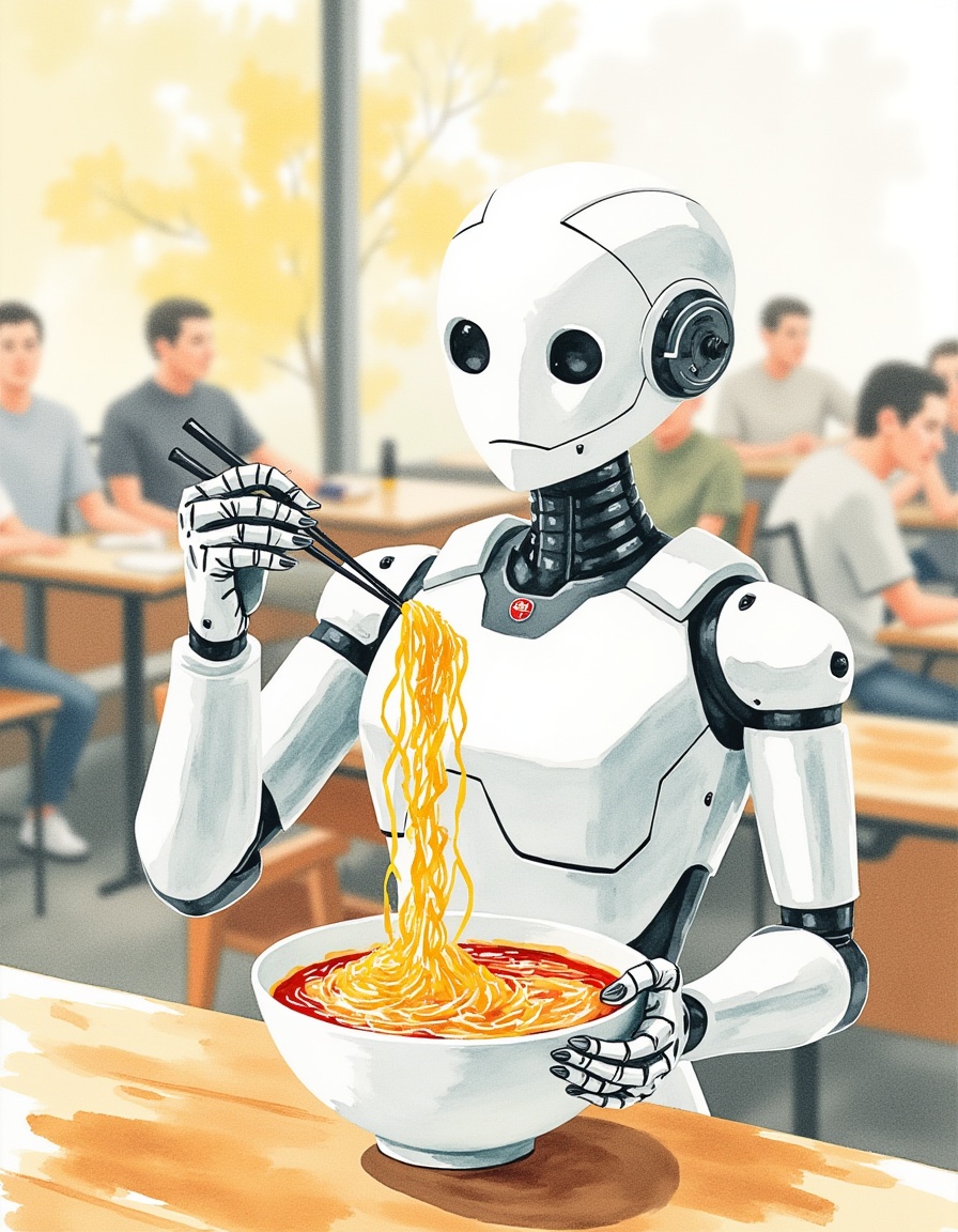 a robot eating ramen in a busy cafe ,  watercolor illustration in the style of WTRSCPE003 on Tensor.Art
