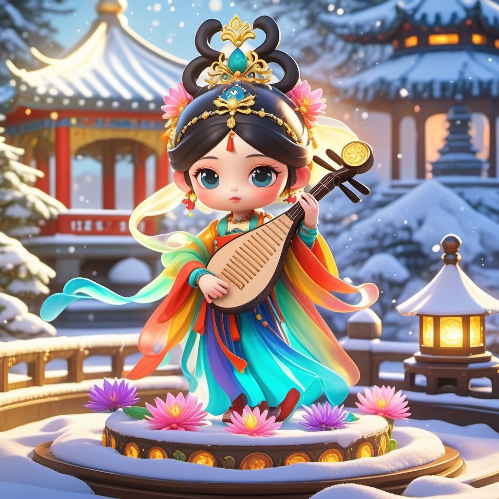Q edition,shinv, A cute, chibi-style girl with big eyes and a tiny body rocks traditional Chinese attire, complete with a fancy headdress and a flowing, rainbow-colored dress. She's holding a lute and chilling on a stone platform surrounded by vibrant lotus flowers. The background features a snowy garden with a pagoda and a lantern. The whole scene is a vibrant, whimsical blend of traditional and modern styles, with a soft, warm glow.<lora:shinv_v1:0.8>,