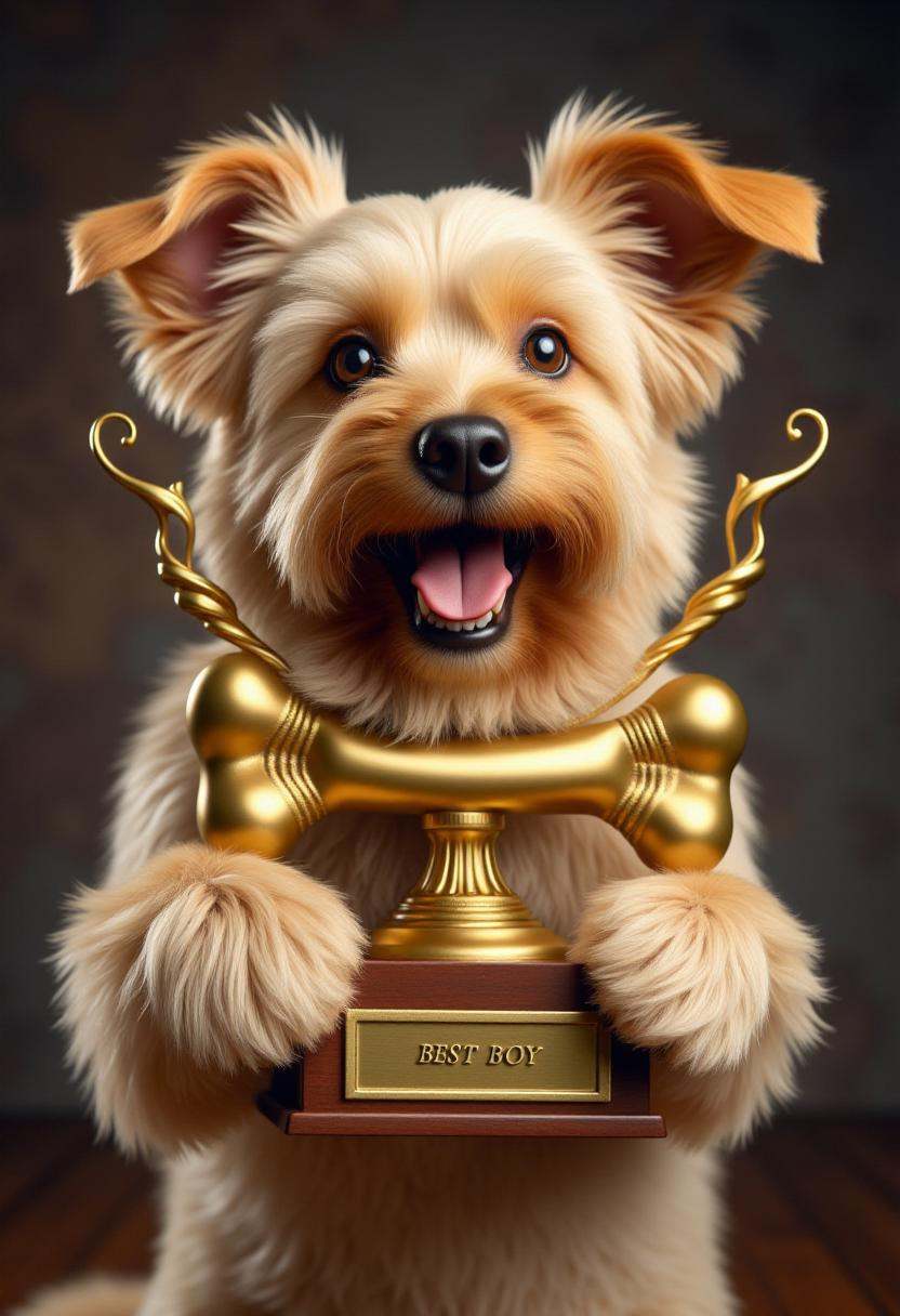 The image is a photograph featuring a dog holding a golden bone trophy with nameplate text engraved "BEST BOY". on Tensor.Art