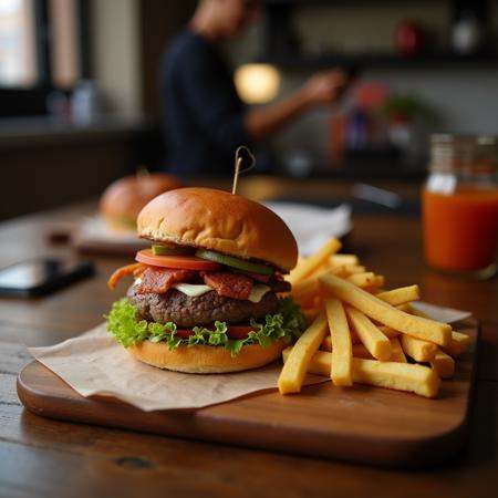 cinematic film still of perfection styleA perfect photo of a wooden cutting board topped with a sandwich and french fries,...
