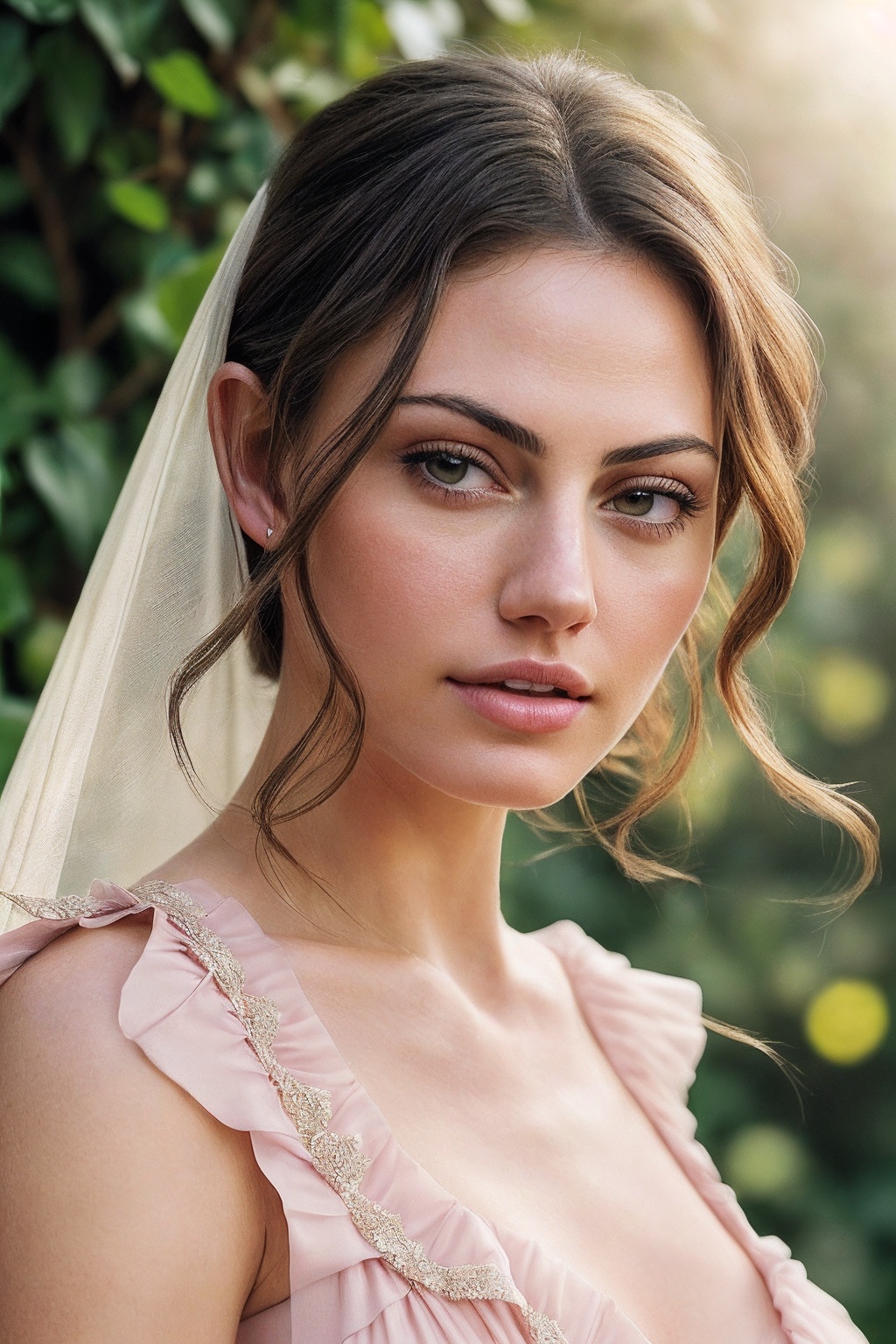 PhoebeT_SoloTI_v1,  (In a flowing pastel pink dress with soft,  delicate ruffles on Tensor.Art