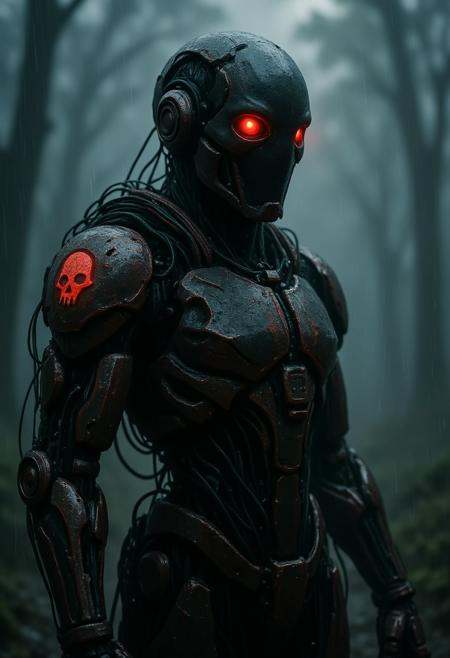 Exoskeleton glistening,  with intricate mechanical joints and cables,  standing amidst an eerie on Tensor.Art