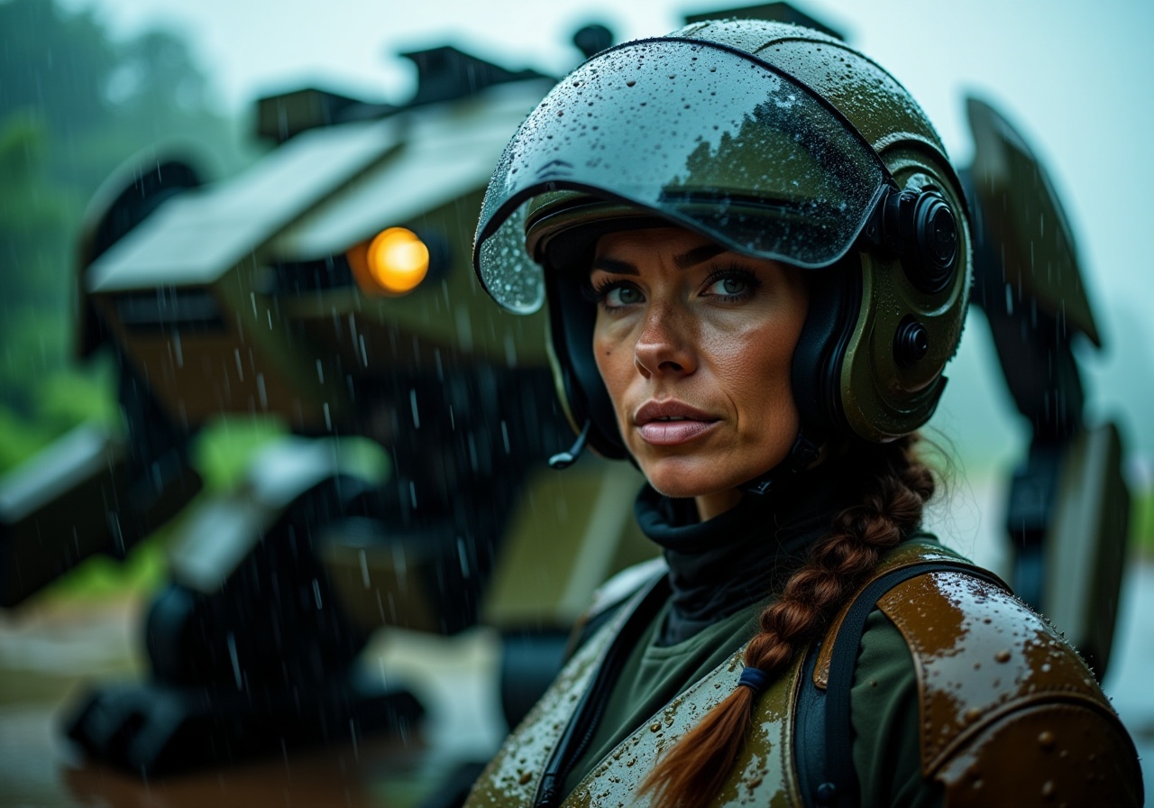 cinematic film still portrait of a solo female mech pilot standing in front of her ,  scifi armor,  military base on Tenso...