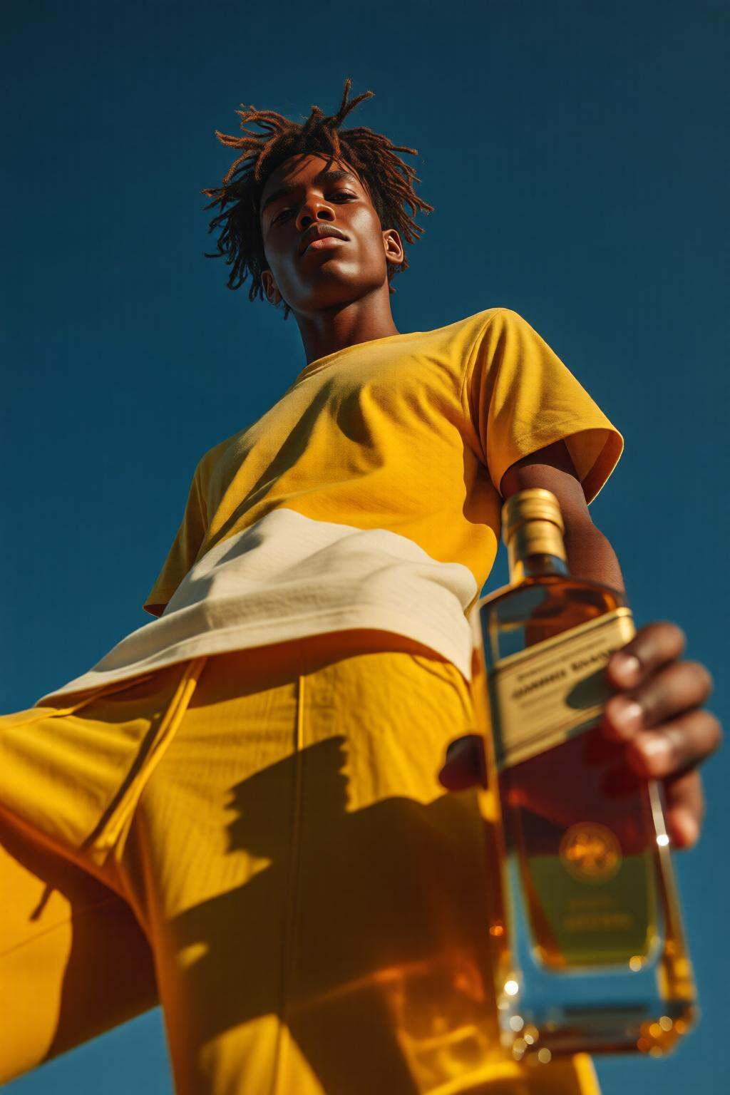 midjourneylowangle11q Low angle shot. An African man is standing outdoors with a clear blue sky in the background. He is w...