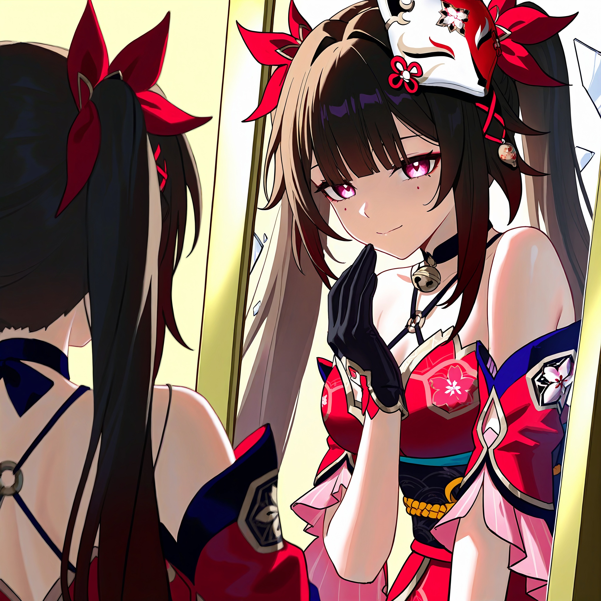 banned artist,(masterpiece,best quality,ultra_detailed,highres,absurdres:1.2,amazing quality,very aesthetic),sparkle \(honkai:_star_rail\),from side, solo,1girl, reflection, shadow, evil smile, expressionless, multiple views, mirror, looking at mirror, broken mirror,
