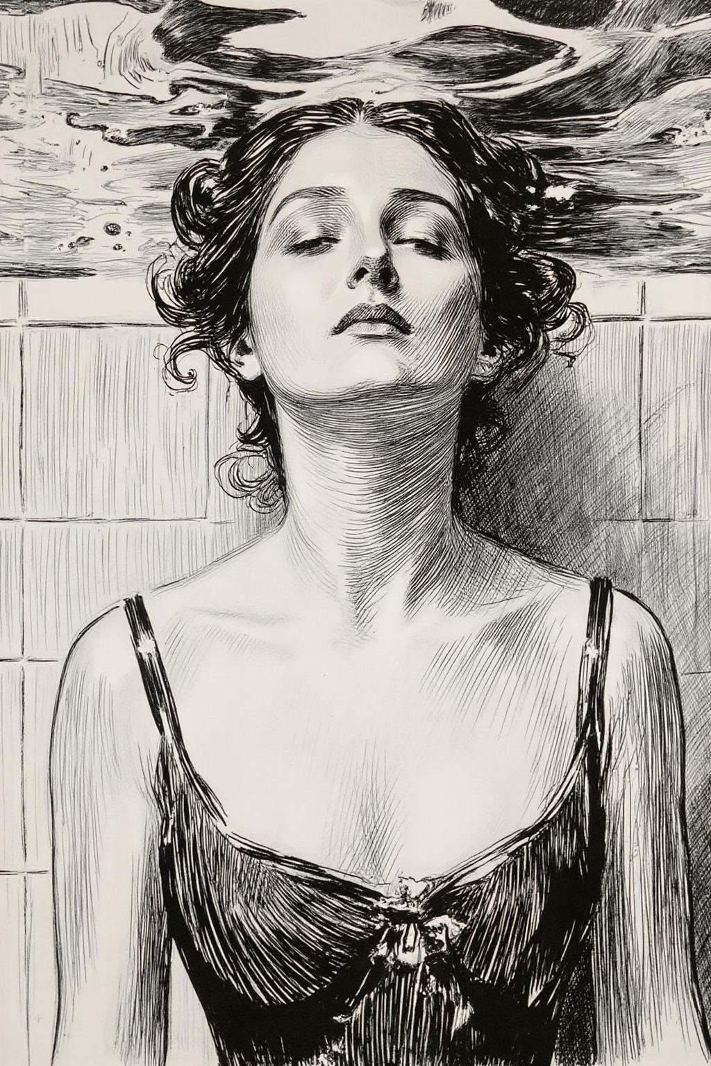 charlesdgibson1 color illustration.Closeup shot of a serene and artistic underwater scene featuring a woman partially subm...