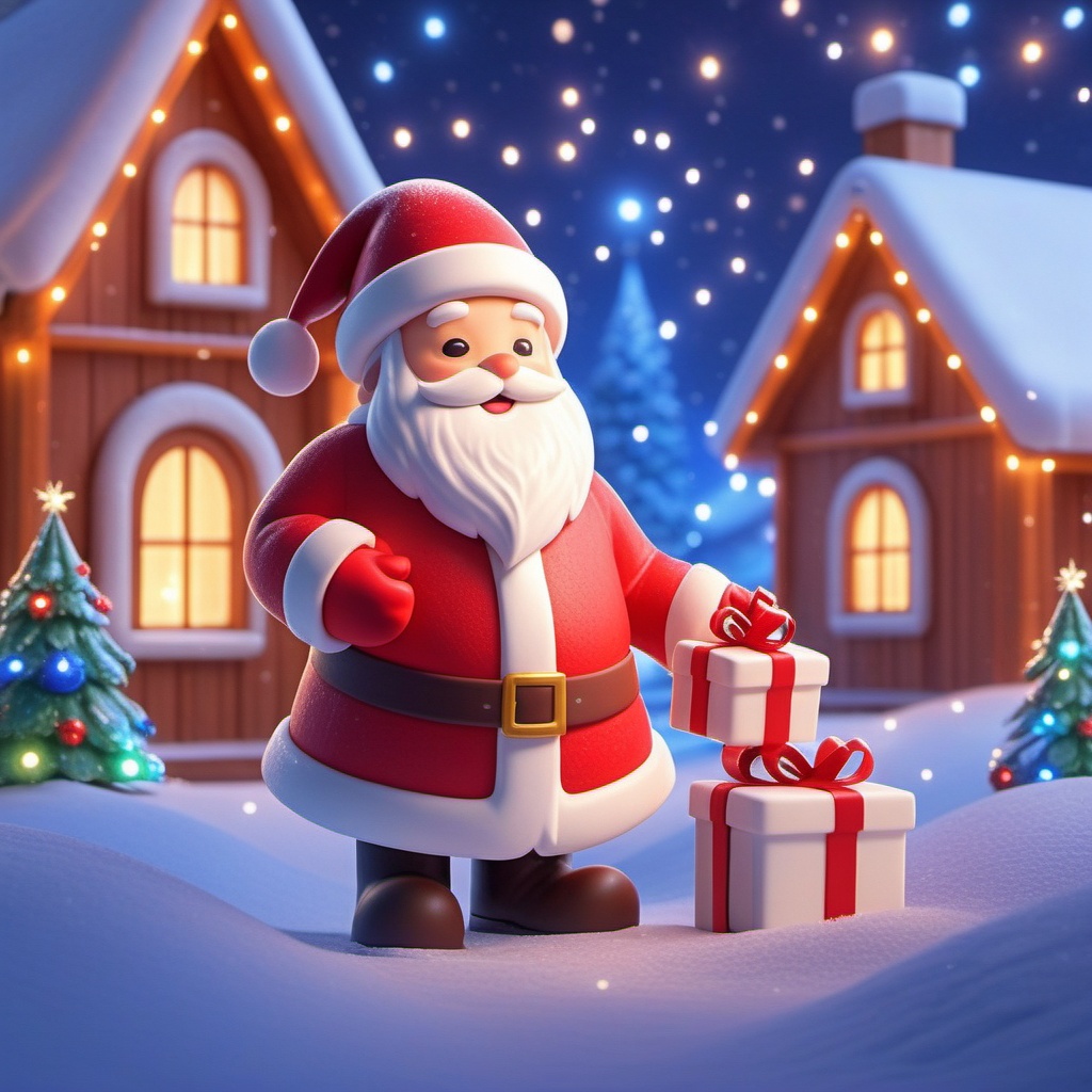 shengdan,A jolly,3D CGI Santa Claus,decked out in his classic red and white getup,stands in a snowy wonderland,clutching a gift box. Behind him,a glowing blue Christmas tree lights up the night sky,while a cozy cabin with twinkling windows sits to the left. The whole scene is bathed in a warm,festive glow,with snowflakes gently falling.,,<lora:shengdan_v1-000016:0.8>