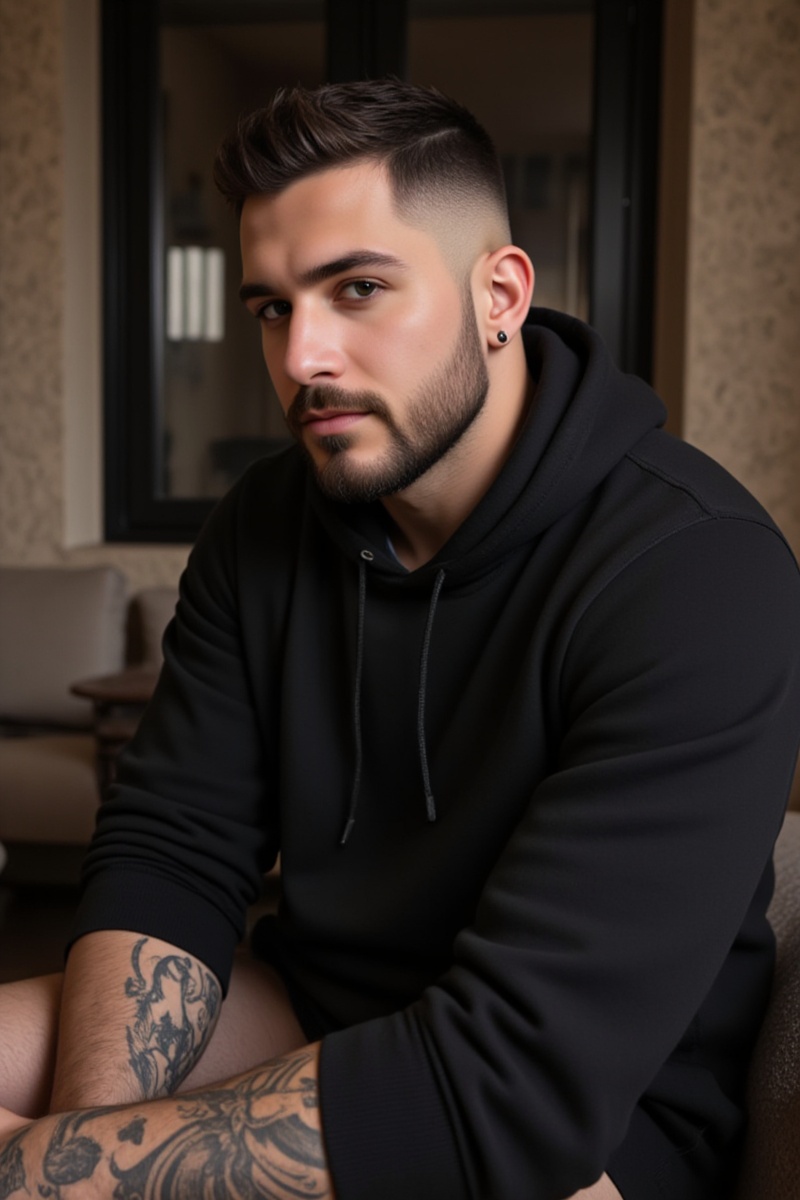 EUDanBear,  beard,  and his dark hair is short and messy. Prominent tattoos adorn his arms; the left arm features a detail...