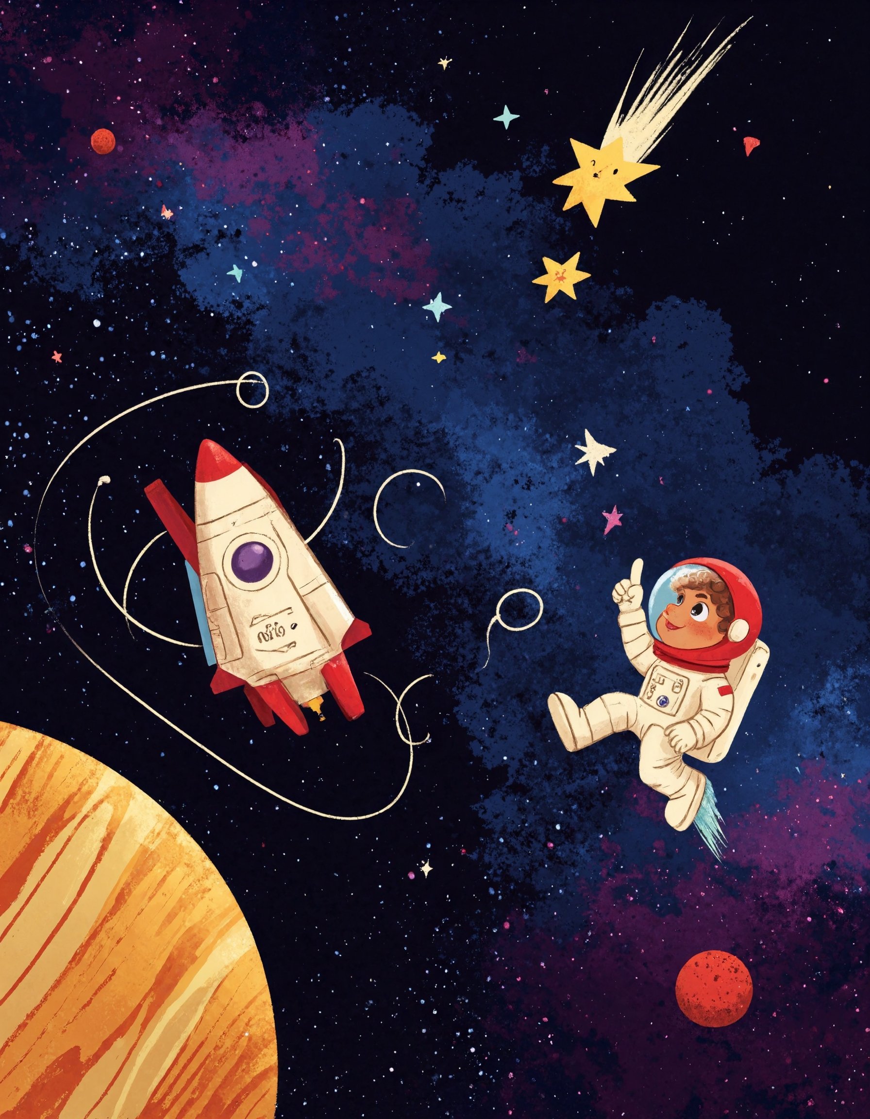This is a high-quality,  digital illustration by Valerio Chico. The image features a cute,  cartoon-style astronaut with c...