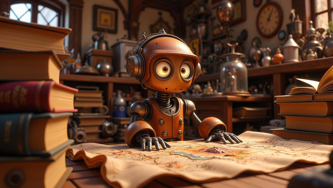 A small,  round robot with big,  glowing eyes is peeking out from behind a stack of old books in a cluttered workshop. Its...