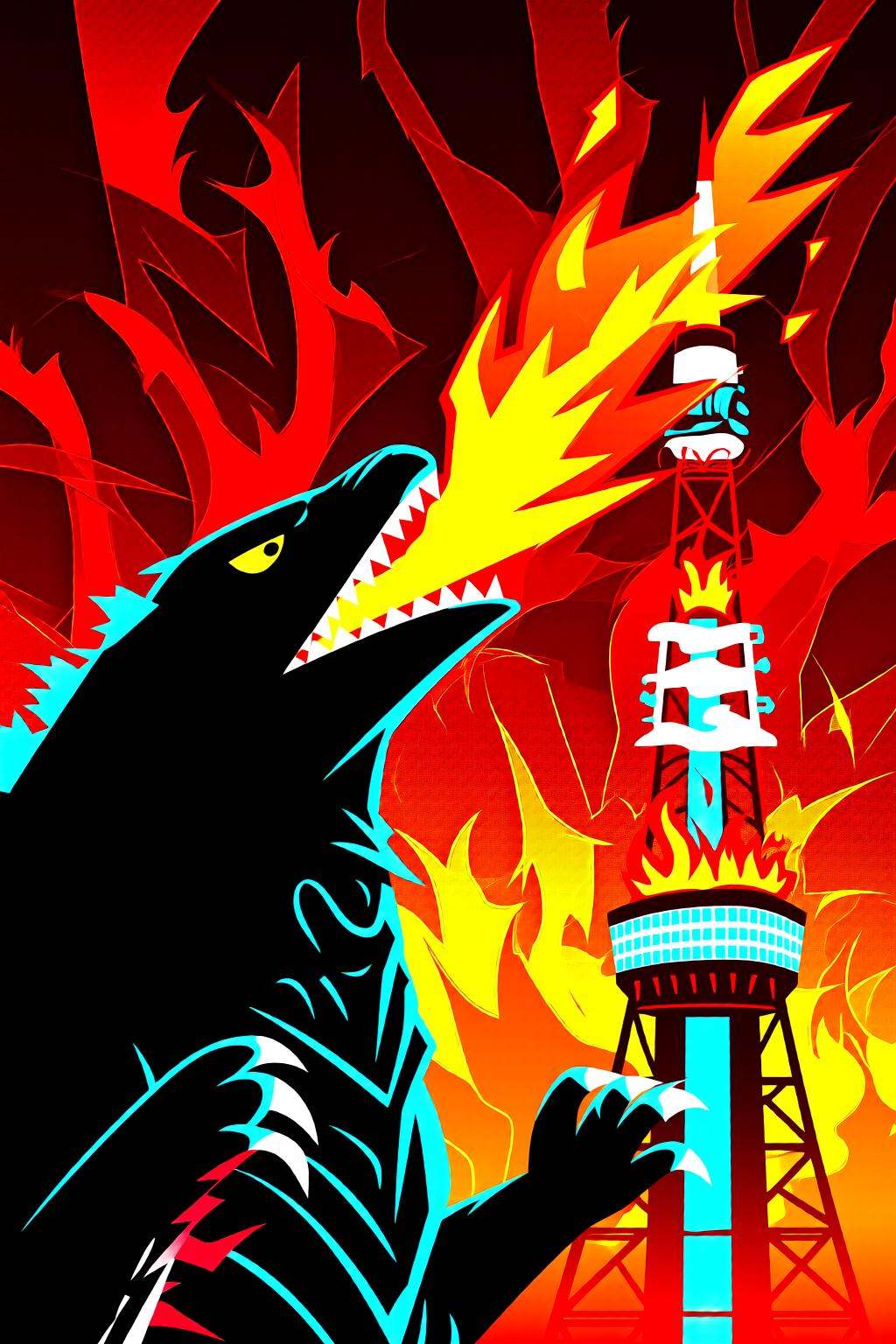 flatcolorvectorart2q illustration.Godzilla breathing fire on Tokyo Tower. on Tensor.Art