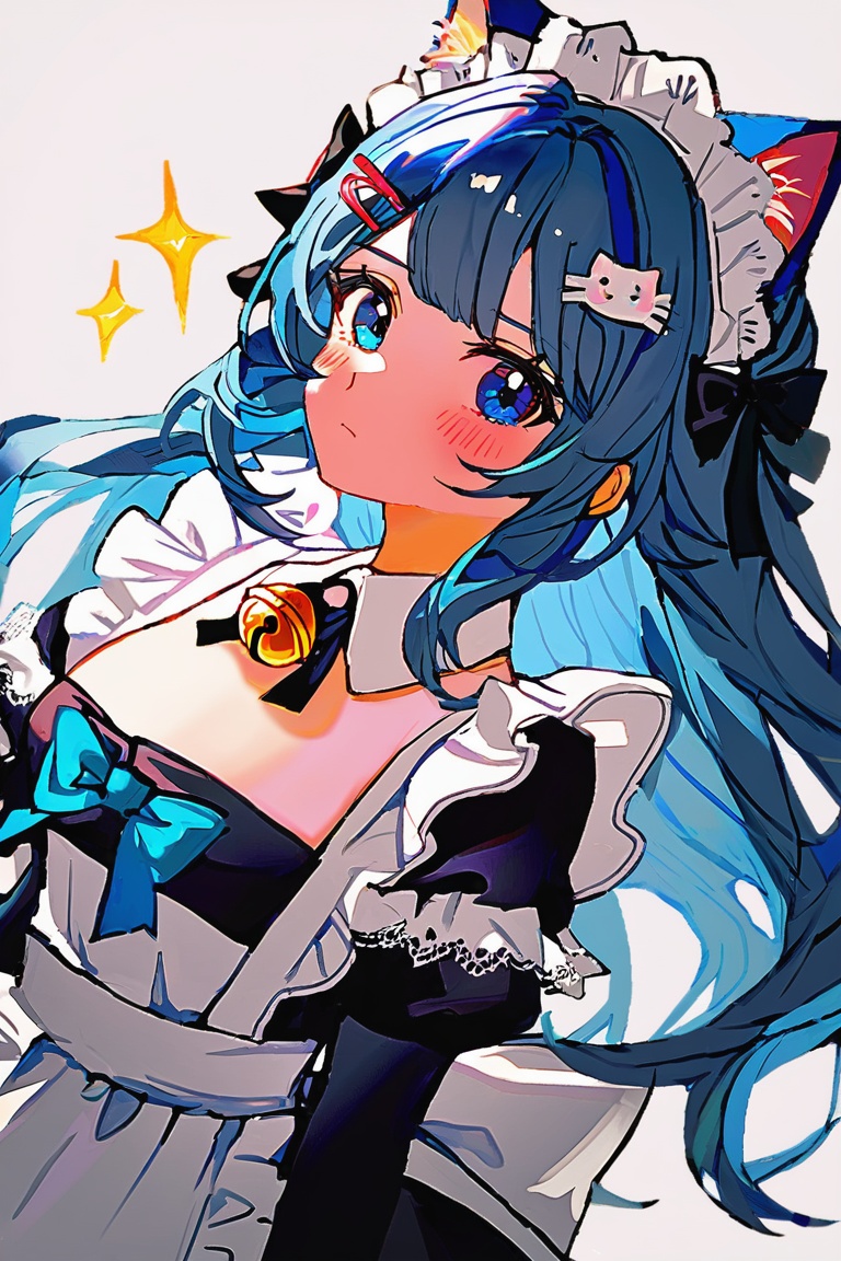 1girl,solo,long hair,looking at viewer,blush,bangs,blue eyes,simple background,hair ornament,white background,dress,bow,ribbon,animal ears,closed mouth,blue hair,frills,hairclip,cat ears,apron,black dress,collar,maid,maid headdress,sparkle,bell,detached collar,white apron,jingle bell,neck bell,maid apron,white collar,(artist:quasarcake:0.6)