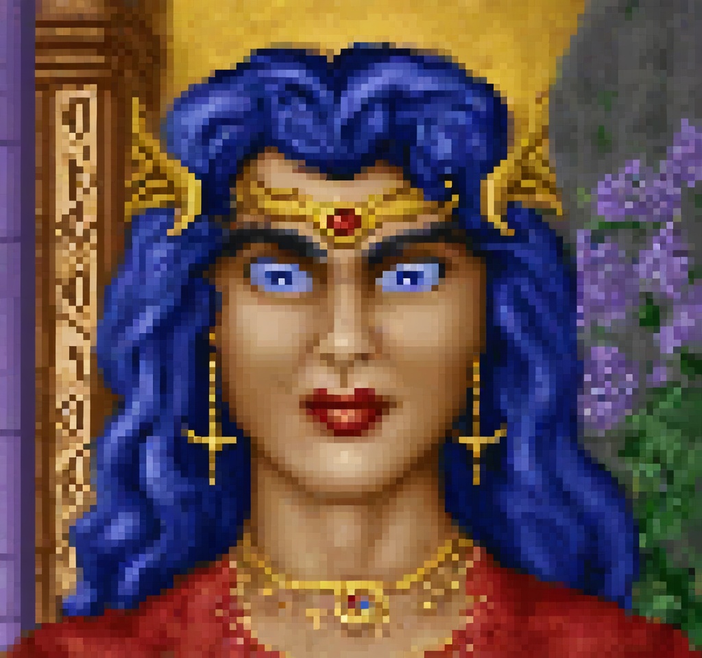 cinematic still Original HoMM2 style portrait of an elven sorceress with blue wavy hair,  wearing a golden headpiece in th...