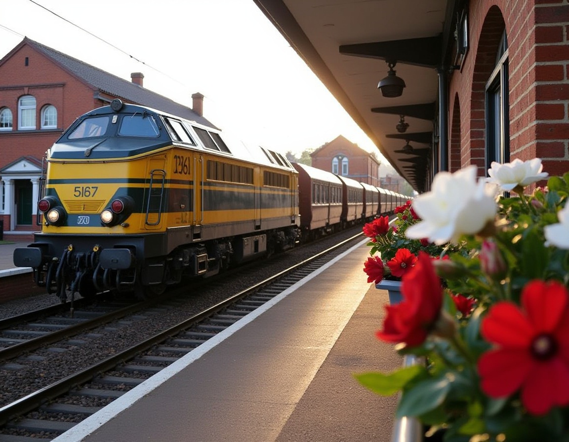 The scene captures a vibrant and atmospheric railway station with a classic charm. A yellow and black train,  marked 5167,...