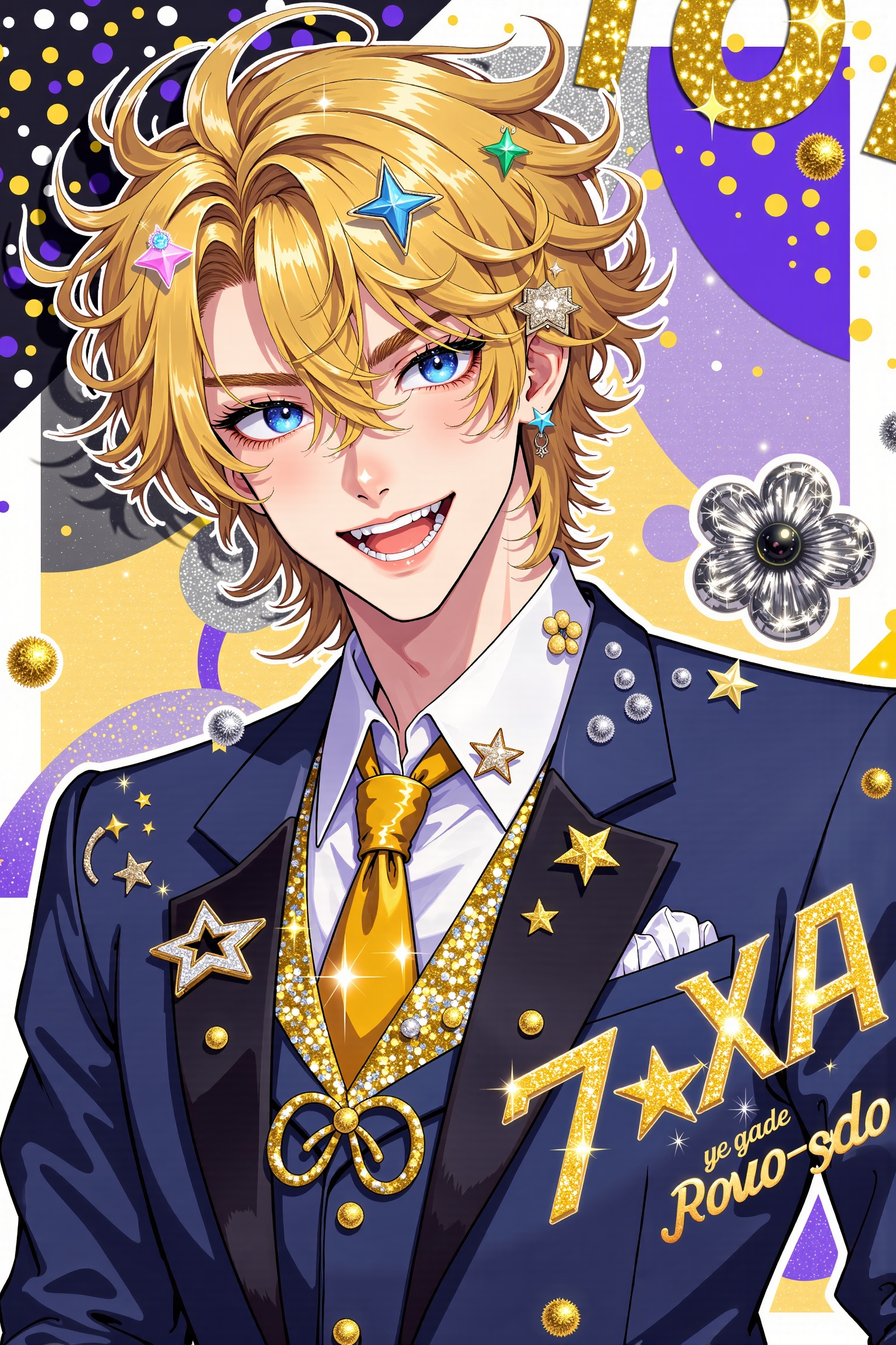 Cassiopeia,  This image is a digital illustration in a vibrant,  anime-inspired style. The central figure is a young man w...