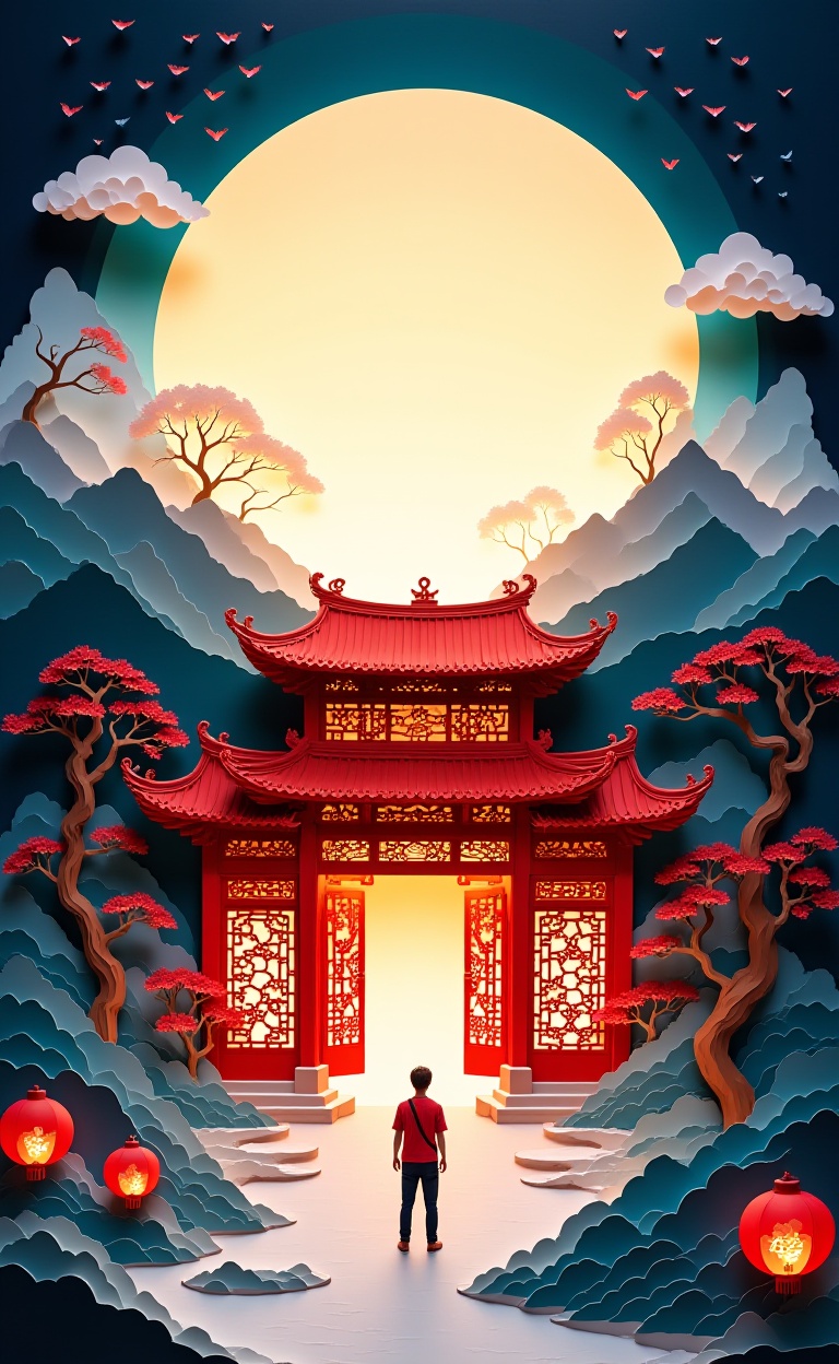 miluo_jianzhi,  A person stands in front of a huge Chinese style building,with a huge moon shining brightly in the sky . paper-cut <lora:剪纸艺术-flux-V1.6:1>