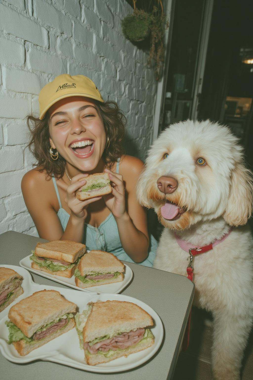 midjourney analog photograph.An American woman sits at a table in a casual dining setting. She is laughing with her mouth...