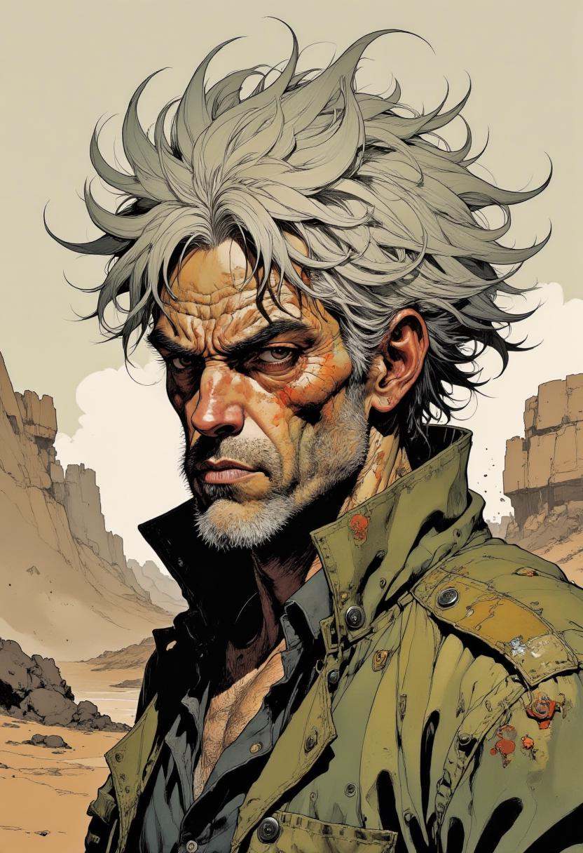 This image is a highly detailed,  digital artwork depicting a close-up of a man's face. The subject has wild,  spiky on Te...