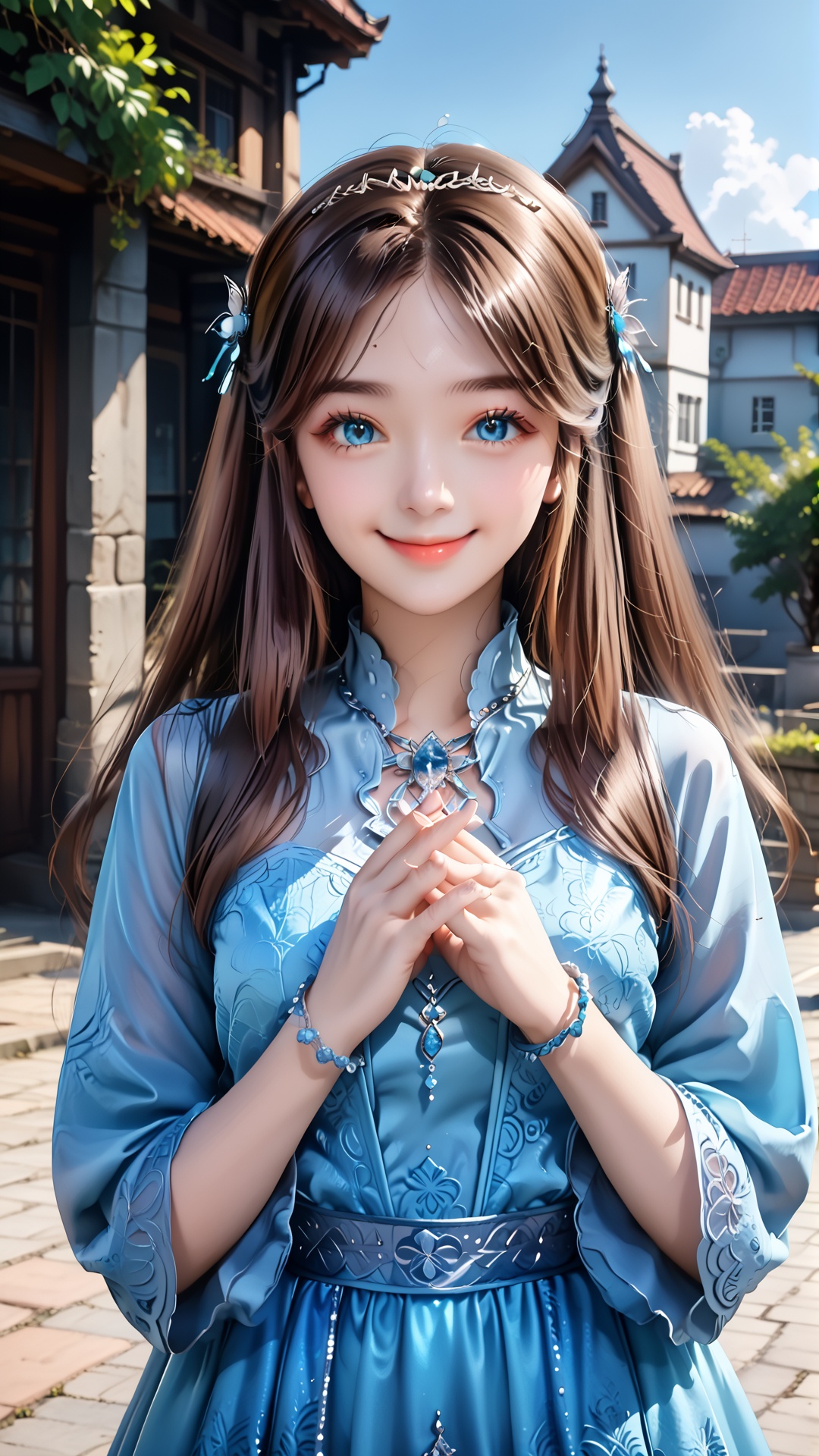 1girl,hair ornament,blue eyes,brown hair,dress,long hair,solo,smile,upper body,looking at viewer,own hands together,blue dress,bracelet,closed mouth,jewelry,sky,building,blue sky,<lora:pony宁荣荣:0.8>,