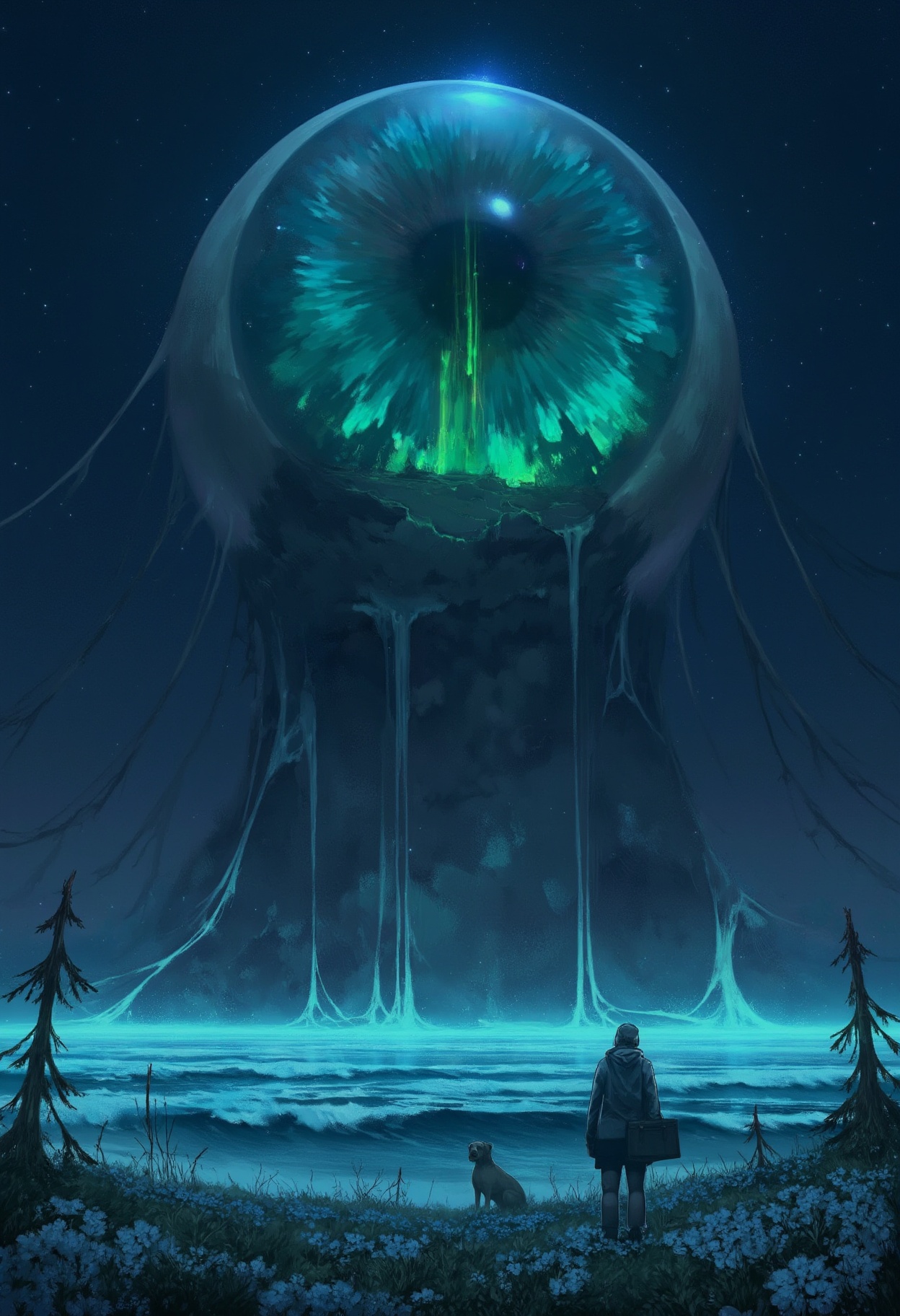 sc3n1ch0r1s0ns,  in the background a massive glowing eye looms large dominating the scene. the eye is depicted in shades o...