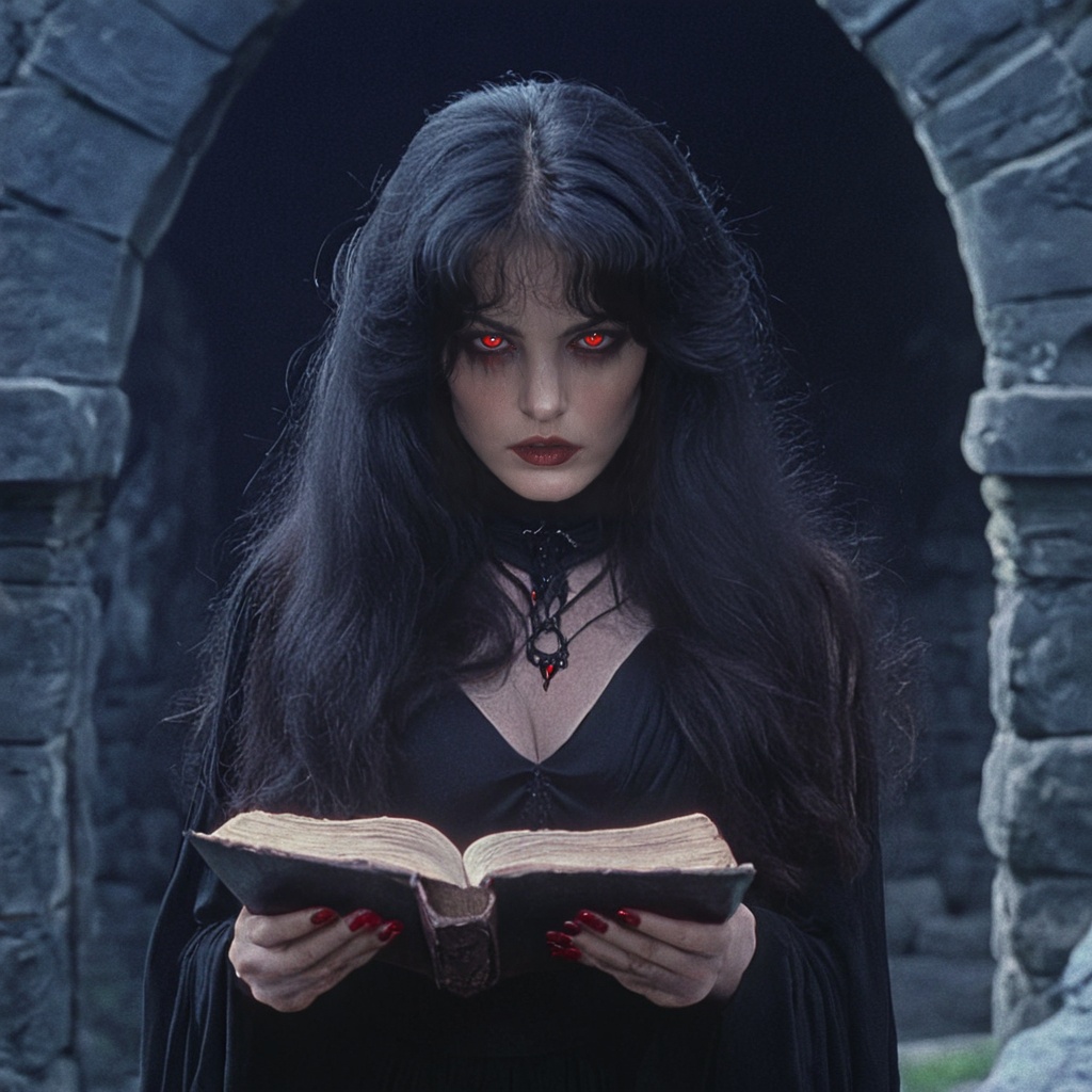 ArsMovieStill,  80s Fantasy Movie Still,  The image is a portrait of a woman with long dark hair and red eyes. She is wear...