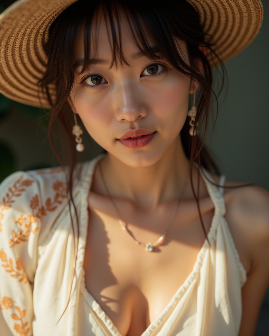 A raw photo of a K-POP asian girl wearing a style dress,  captured in a close-up shot. Her skin glows under natural light,...