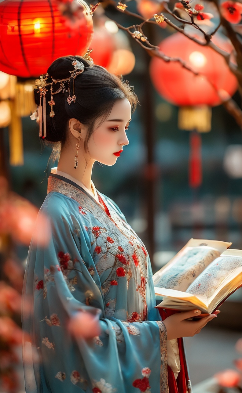 1girl, solo, jewelry, book, reading, earrings, red lips, black hair, holding, blurry, hair ornament, lantern, holding book, chinese clothes, from side, hanfu, makeup, upper body, blurry background, lipstick, open book, long sleeves, depth of field, wide sleeves, hair bun
