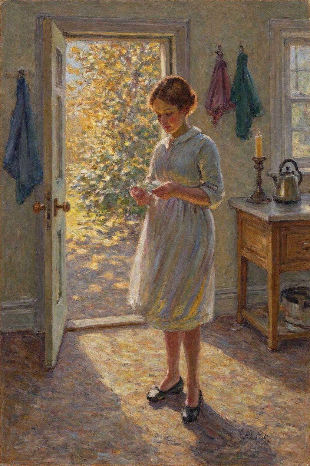 dorotheasharp1 painting. helenmcnicoll2. On the right,  a woman stands in a softly lit room,  looking at something she hol...