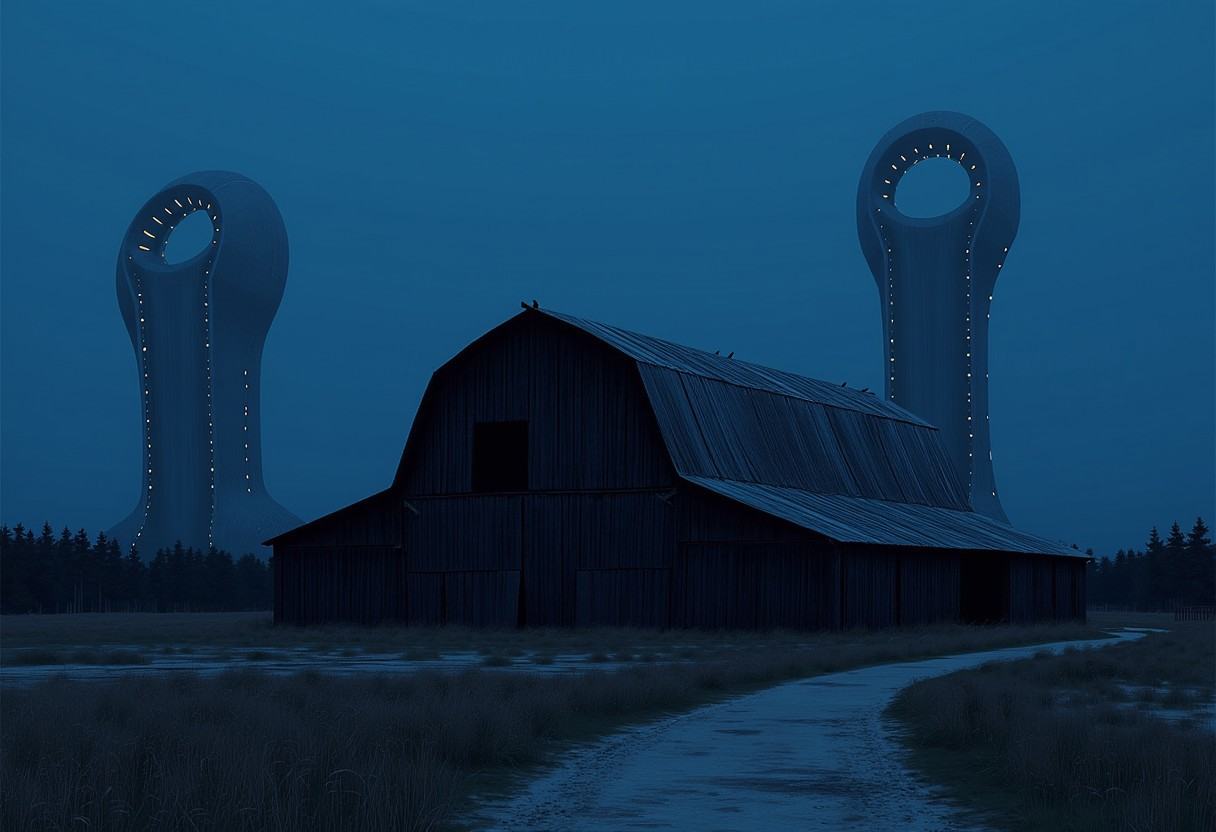 Simonstalenhagstyle,  an atmospheric,  surreal landscape at twilight with a large on Tensor.Art