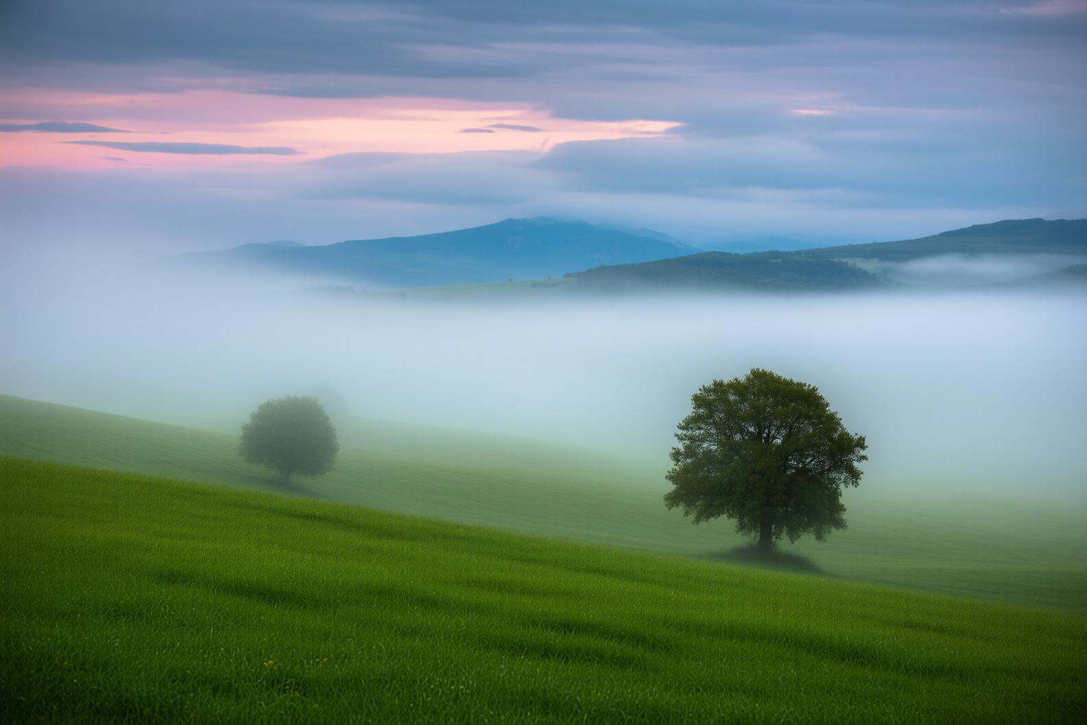 aurelmanea2q photography. A landscape with rolling green hills covered in lush grass. Two prominent trees are situated on...