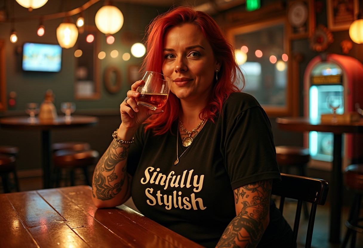 A medium shot photograph at 1:00 AM,  showing a chubby 40-year-old woman with messy red hair and dark green eyes at a dive...