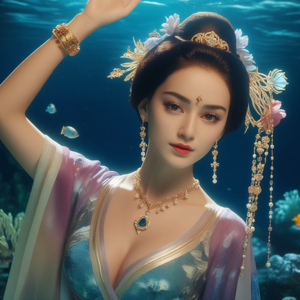 <lora:831-DA-XL-国风E:0.8>, (,1girl, ,best quality, ),,masterpiece, ((((, solo,  , ,solo focus, ,underwater, )))) ,ultra realistic 8k cg,   clean, masterpiece,     cinematic lighting, cinematic bloom,  (( , )),, , unreal, science fiction, luxury, jewelry, diamond, gold, pearl, gem, sapphire, ruby, emerald, intricate detail, delicate pattern, charming, alluring, seductive, erotic，(sit), , enchanting, hair ornament, necklace, earrings, bracelet, armlet,,(cleavage),,