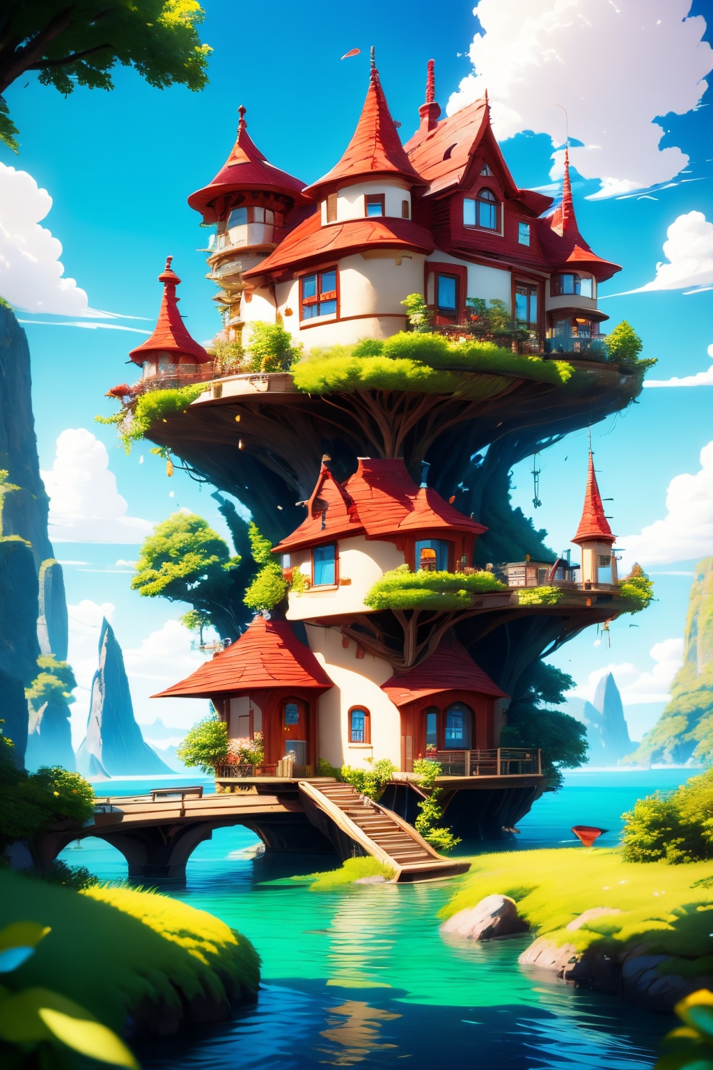 <lora:AgainWonderlandForest:1>,AgainWonderlandForest, scenery, outdoors, sky, cloud, day, no humans, tree, water, stairs, house, building, blue sky, plant, window, bridge, chimney, flower, lantern, boat, fantasy, railing, watercraft, fish, door, rock, grass, river, floating island, artist name, waterfall, architecture,