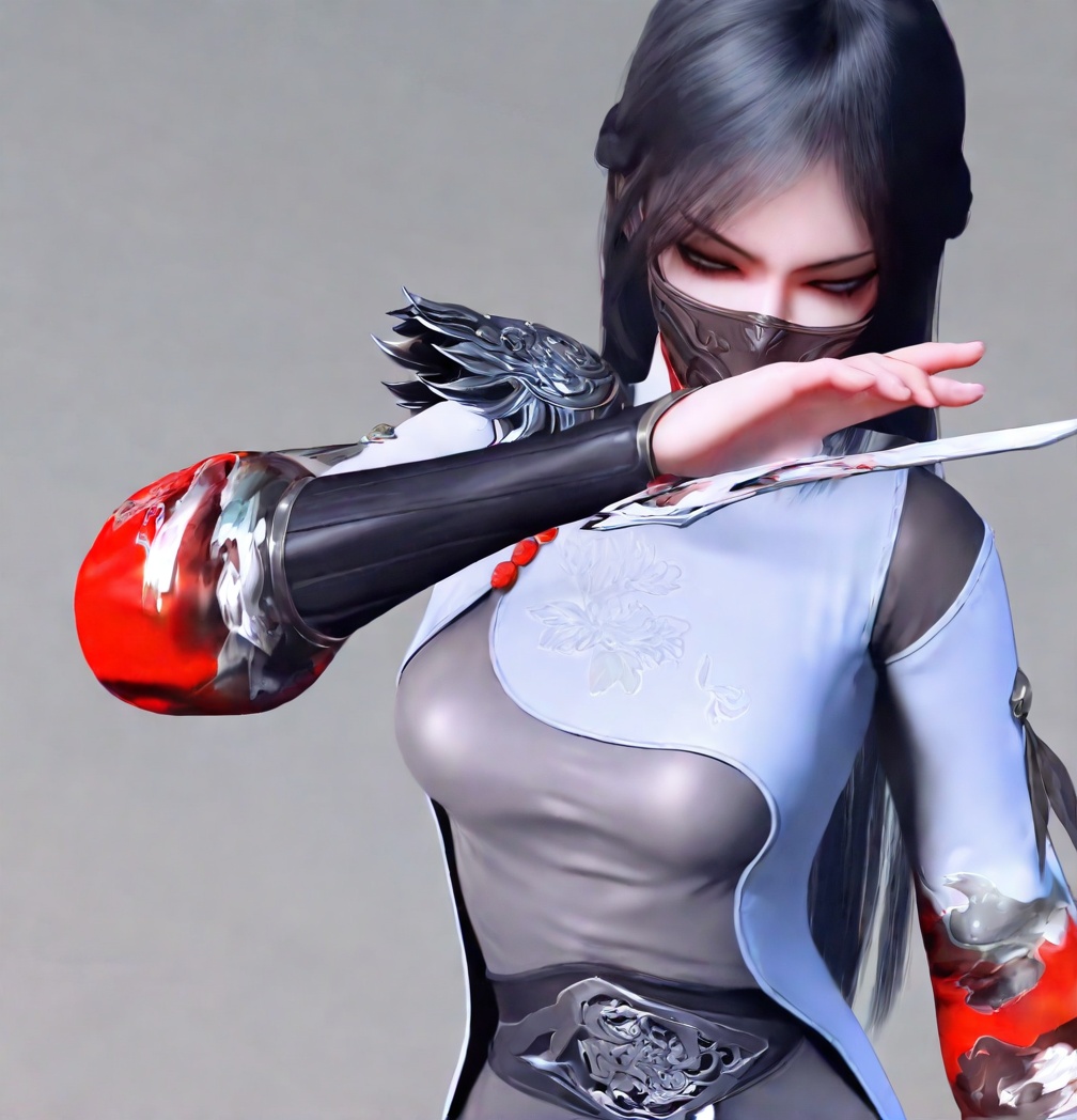solo,highly detailed,(best quality),((masterpiece)),1girl,a7,simple background,upper body,<lora:a7nbXL:1>,black hair,long hair,mouth mask,chinese clothes,armor,china dress,standing,