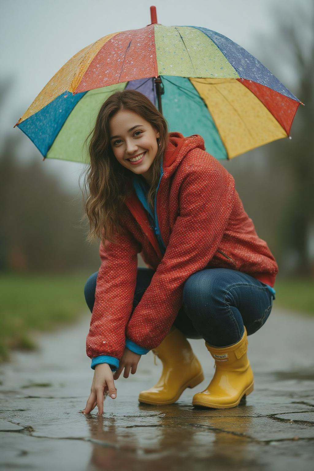 midjourney photograph.A young woman,  angled from slightly above and to the right,  crouching low to the ground in a puddl...