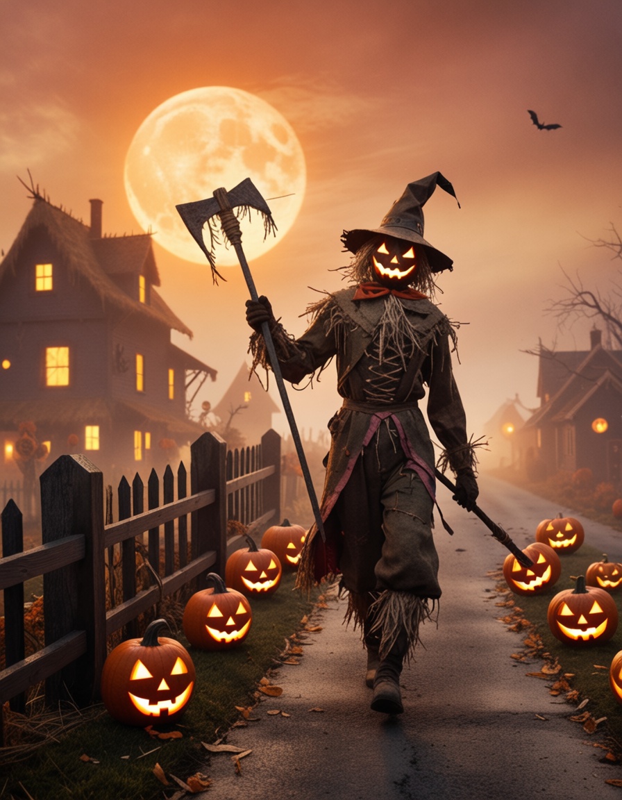 Stylized illustration of a scary straw-made scarecrow with a jack-o'-lantern head seen walking on the street of a misty,...