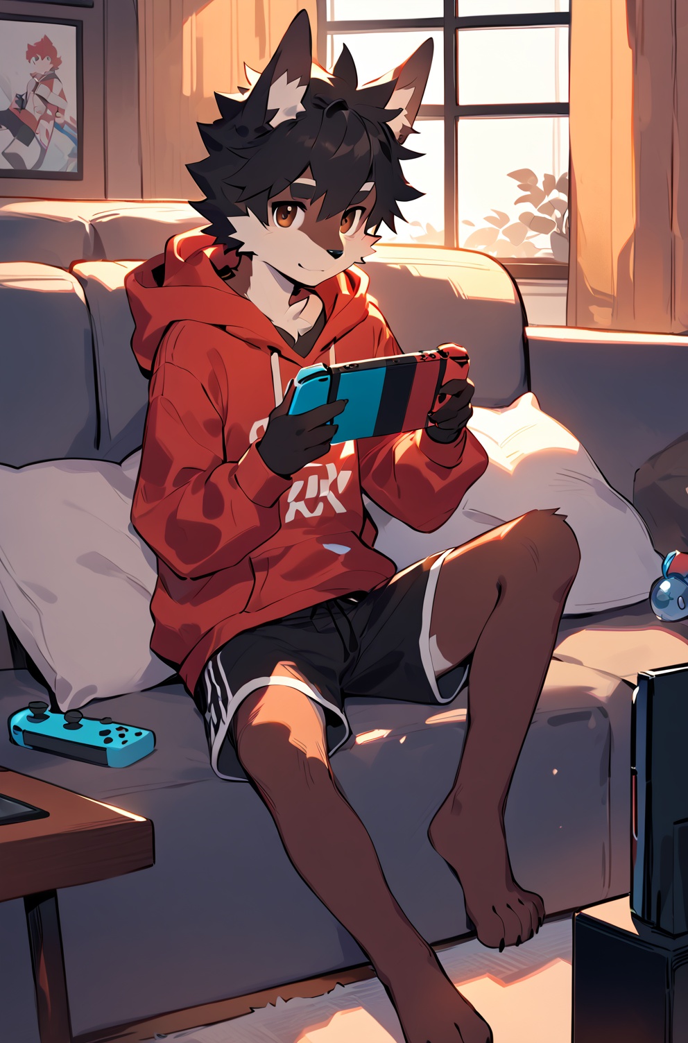 solo,looking at viewer,short hair,black hair,1boy,holding,brown eyes,sitting,closed mouth,full body,male focus,shorts,barefoot,indoors,hood,feet,pillow,window,hoodie,toes,black shorts,curtains,couch,handheld game console,playing games,nintendo switch,game console,red hoodie,holding handheld game console,Noyu,Akira,body fur,anthro,