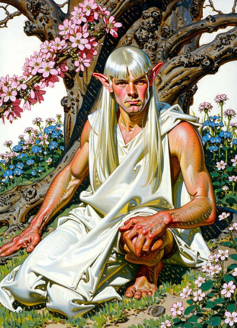 A cartoon illustration by j.c. leyendecker of a white haired elf man with long,  pointy ears. He has straight-cut bangs an...
