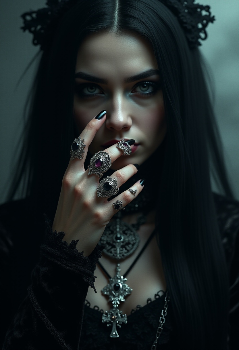 The photo depicts a powerful gothic sorceress,  her face partially hidden by her elegantly adorned hand. She has pale,  sl...