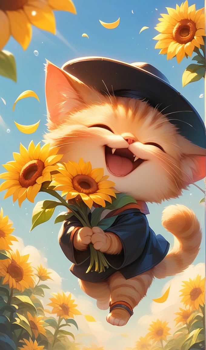 flower,orange cat,cat,sunflower,holding flower,holding,closed eyes,hat,open mouth,solo,smile,no humans,facing viewer,animal,animal focus,fangs,happy,simple background,black headwear,1boy,full body,dark tone,score_9,score_8_up,score_7_up,intricate details,solo,<lora:cute cat:0.7>,