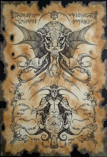 ncrnmcn,  A torn and discolored sheet reveals a massive,  three-headed beast with the body of a lion and the wings of a ba...