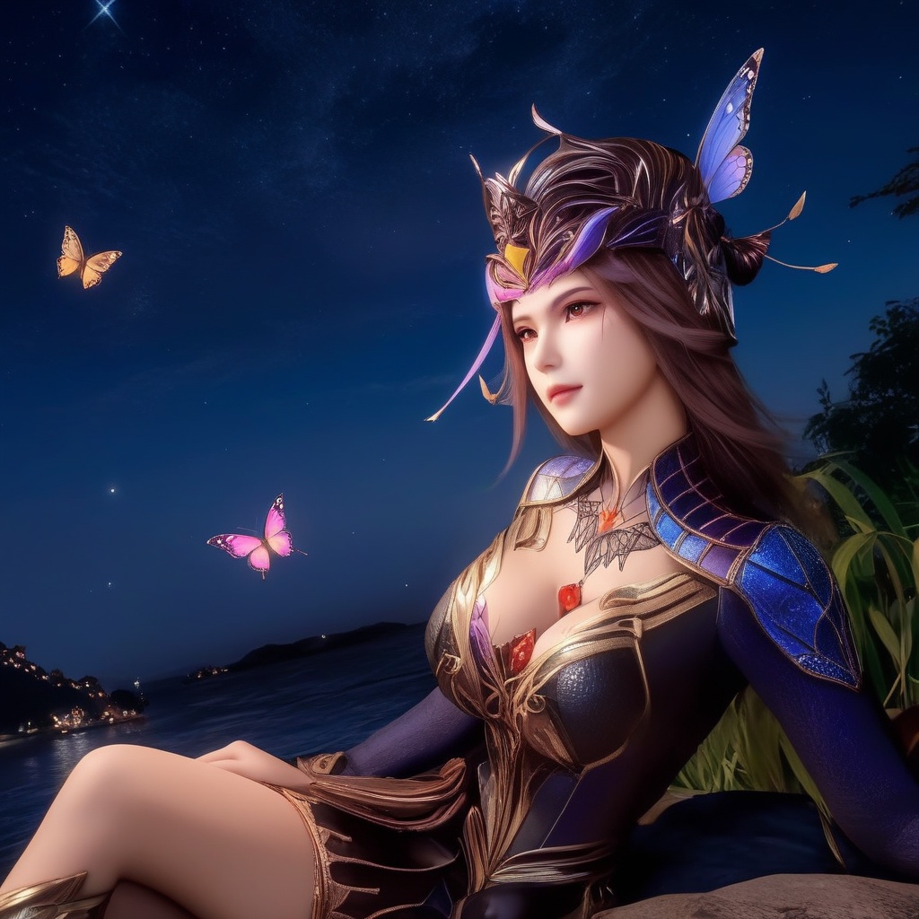 <lora:833-DA-XL-斗罗大陆-比比东-罗刹神:0.8>, (,1girl, ,best quality, ),,  ,ultra realistic 8k cg, ,masterpiece, (( , )),,  fiction,mole, , ,      ,, 1girl,butterfly sitting,  night, star_\(sky\)(cleavage),,