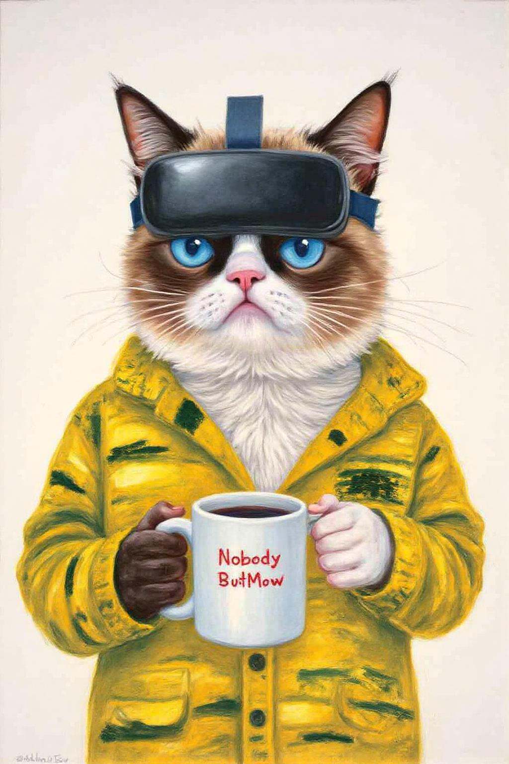 daho1 painting.Grumpy Cat holding a coffee mug,  wearing a VR Headset. The mug has the phrase "NobodyButMeow" printed on T...