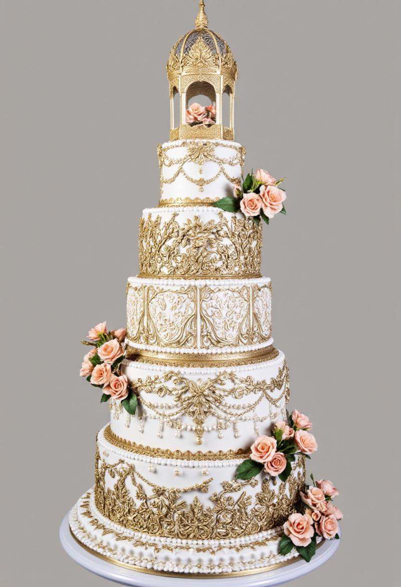 An extravagant eight-tier cake with baroque-inspired sugar moldings and hand-painted gold detailing. The tiers are adorned...