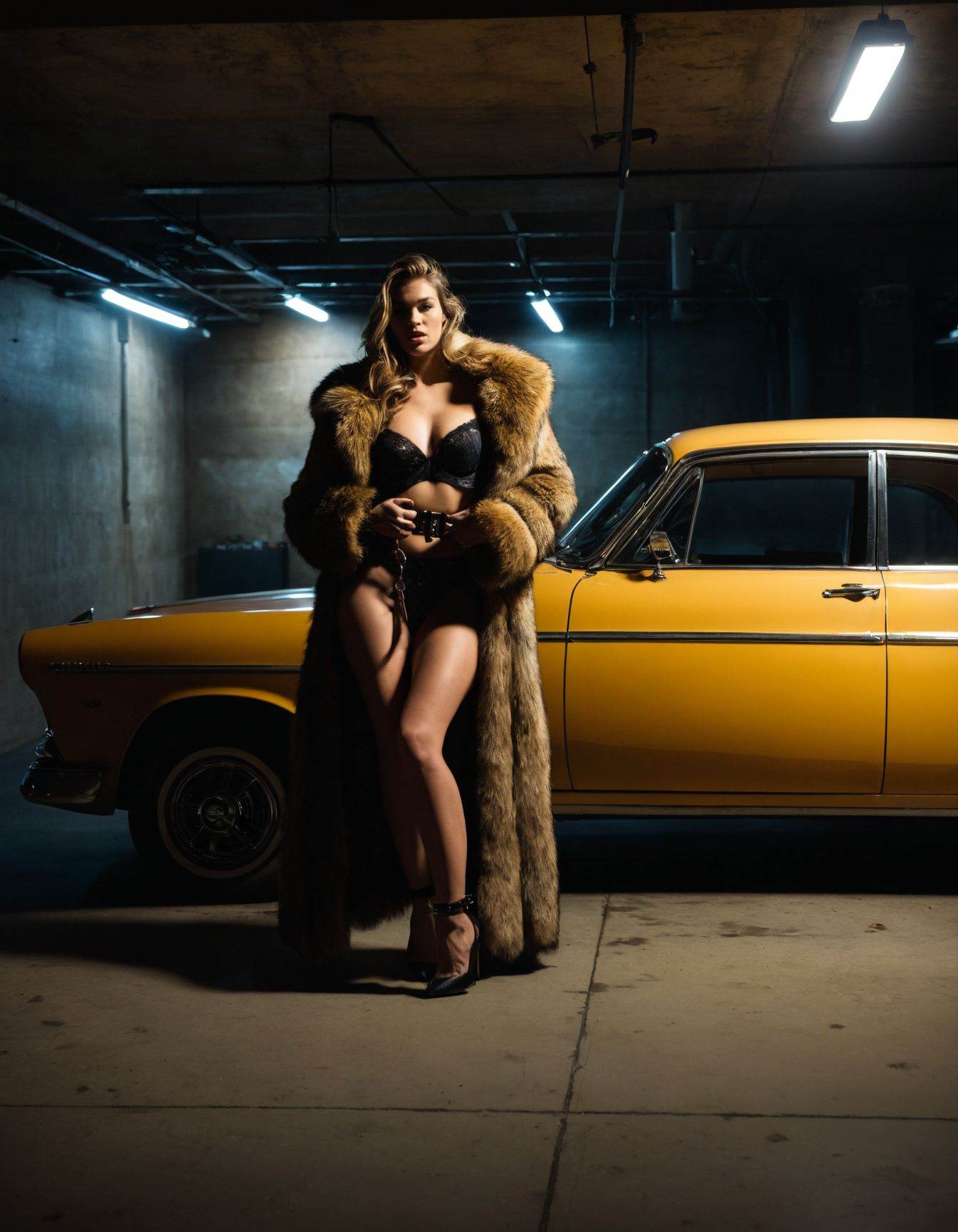 Erotic scene of a model in lingerie and fur coat,  handcuffed to a vintage car in a dimly lit underground parking garage o...