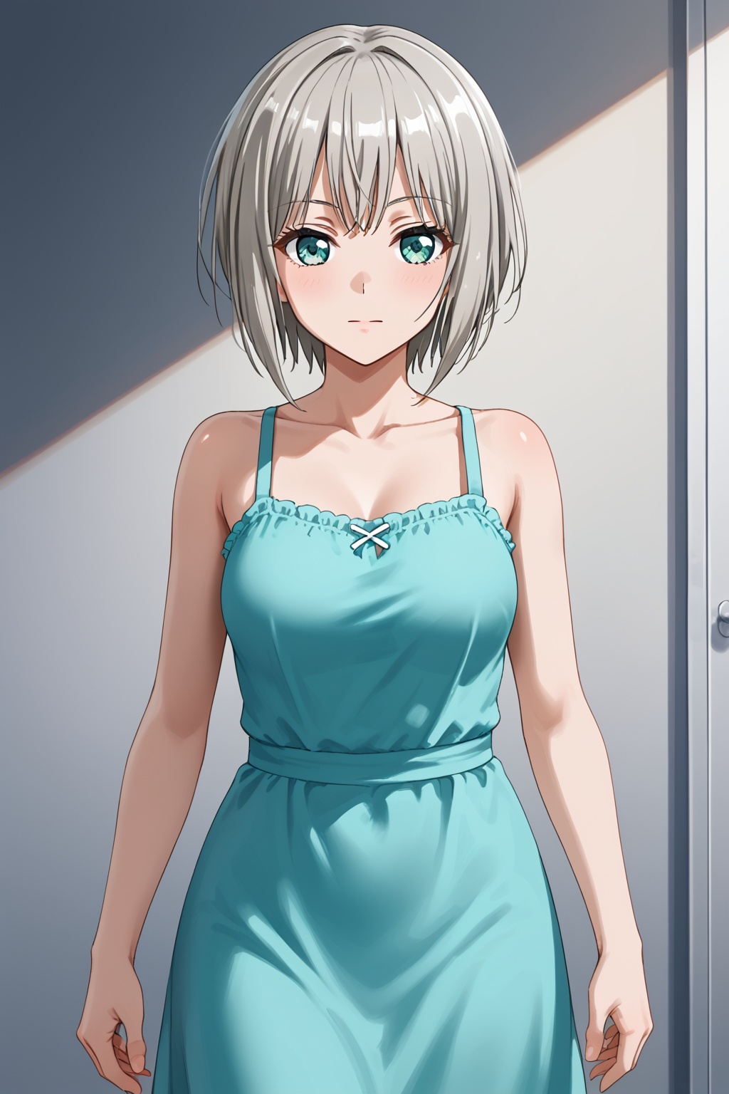 Aoba Moca,short hair, bangs, green eyes, grey hair, blue eyes<lora:moka:0.8>