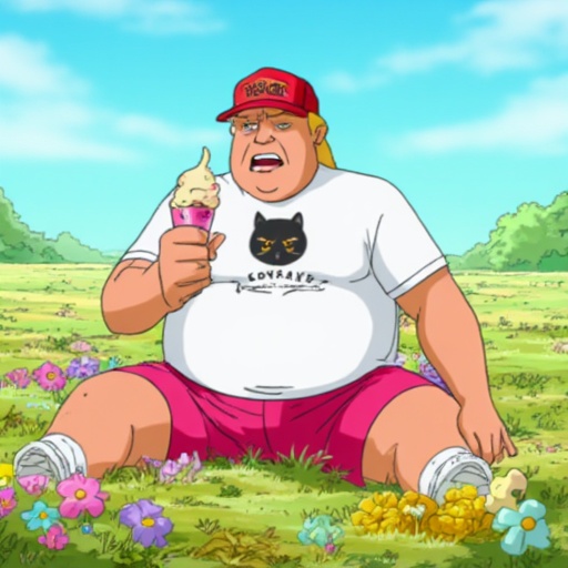 a cartoon style image of Donald Trump old fat man sitting in a field of flower. He is eating an ice cream while looking an...
