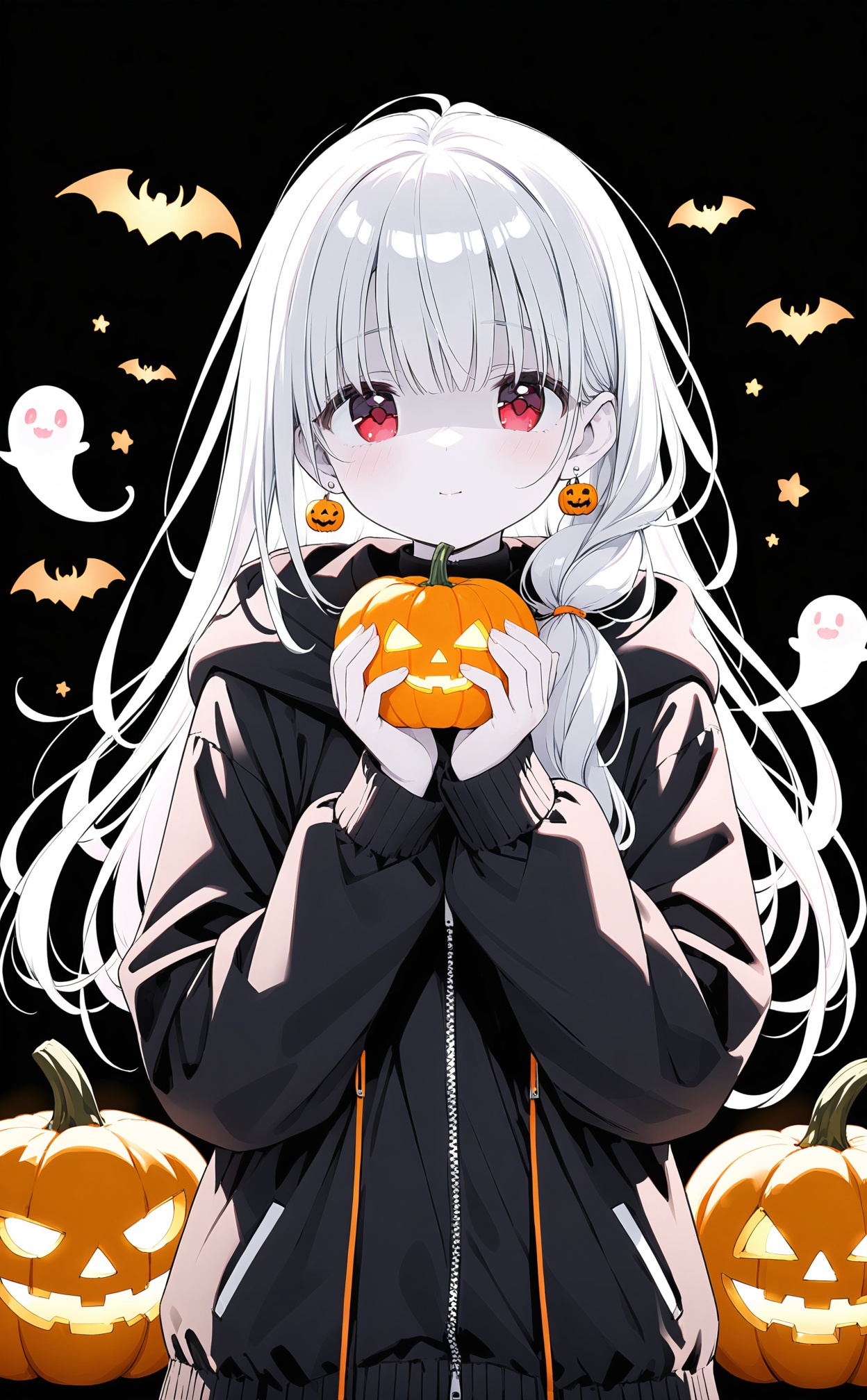 masterpiece,best quality,high quality,(colorful),loli,1girl,red eyes,jacket,black jacket,jack-o'-lantern,ghost,white hair,jewelry,earrings,solo,upper body,black shirt,looking at viewer,hood,long hair,long sleeves,holding,closed mouth,shirt,pumpkin,vegetable,open jacket,hooded jacket,hood down,open clothes,shaded face,holding vegetable,turtleneck,hands up,hair over shoulder,black background,glowing,pale skin,food,zipper,halloween,holding food,