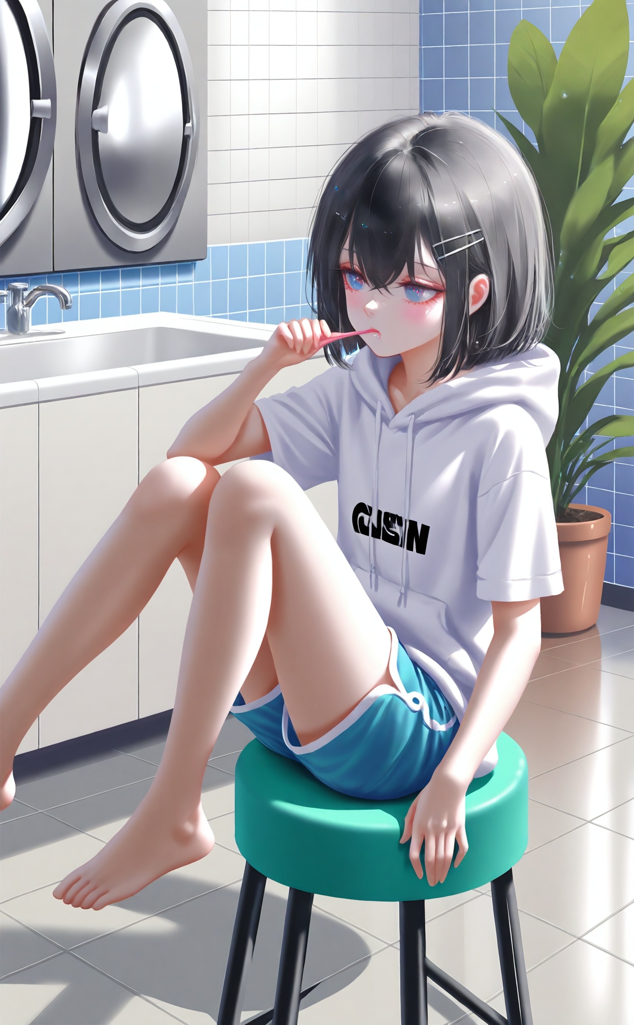 masterpiece,best quality,high quality,loli,[Artist:wlop],[[Artist:sheya]],Artist:ask \(askzy\),1girl,barefoot,tiles,hood,sitting,shorts,tile wall,indoors,short hair,hoodie,plant,cup,bathroom,holding,reflection,mirror,black hair,hair ornament,potted plant,holding cup,hood down,chair,short sleeves,sink,hairclip,knees up,washing machine,blue shorts,faucet,brushing teeth,tile floor,solo,towel,toothbrush,stool,bangs,hair between eyes,mug,white hoodie,hat,blush,drawstring,