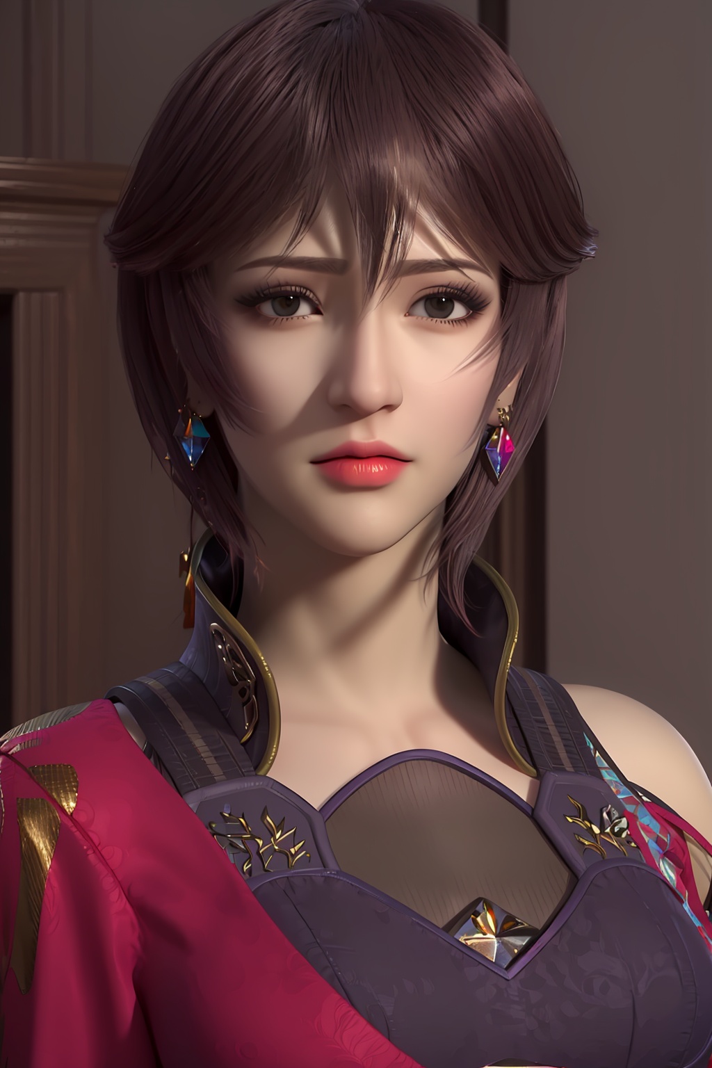 3D,masterpiece,(best quality),(makeup),official art, extremely detailed cg 8k wallpaper,((crystalstexture skin)), (extremely delicate and beautiful),(highly detailed),(face),(collar),(1girl), (solo), (jewelry), (earrings),(brown_hair),(short_hair),(hair_ornament),(handwear),(breasts),((upper_body)),(closed_mouth),(city,indoor,bed),(dress),(asymmetrical_clothes),(multicolored_clothes),(multicolored_dress),,(shiny_clothes),,((looking_at_viewer)),((Facing the camera)),, <lora:hipoly3DModelLora_v10:0.3>